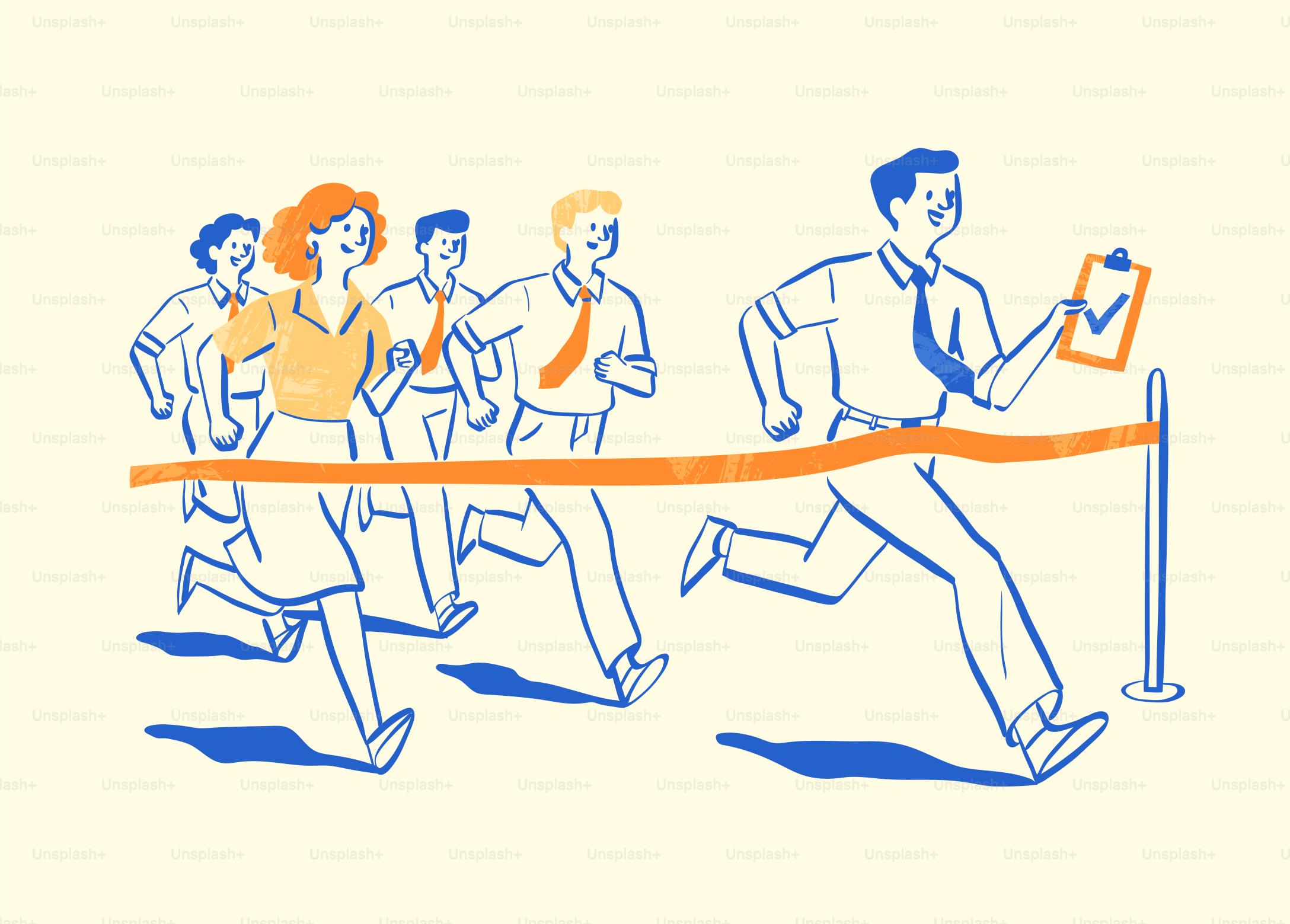 Business people race to finish line with checkmark