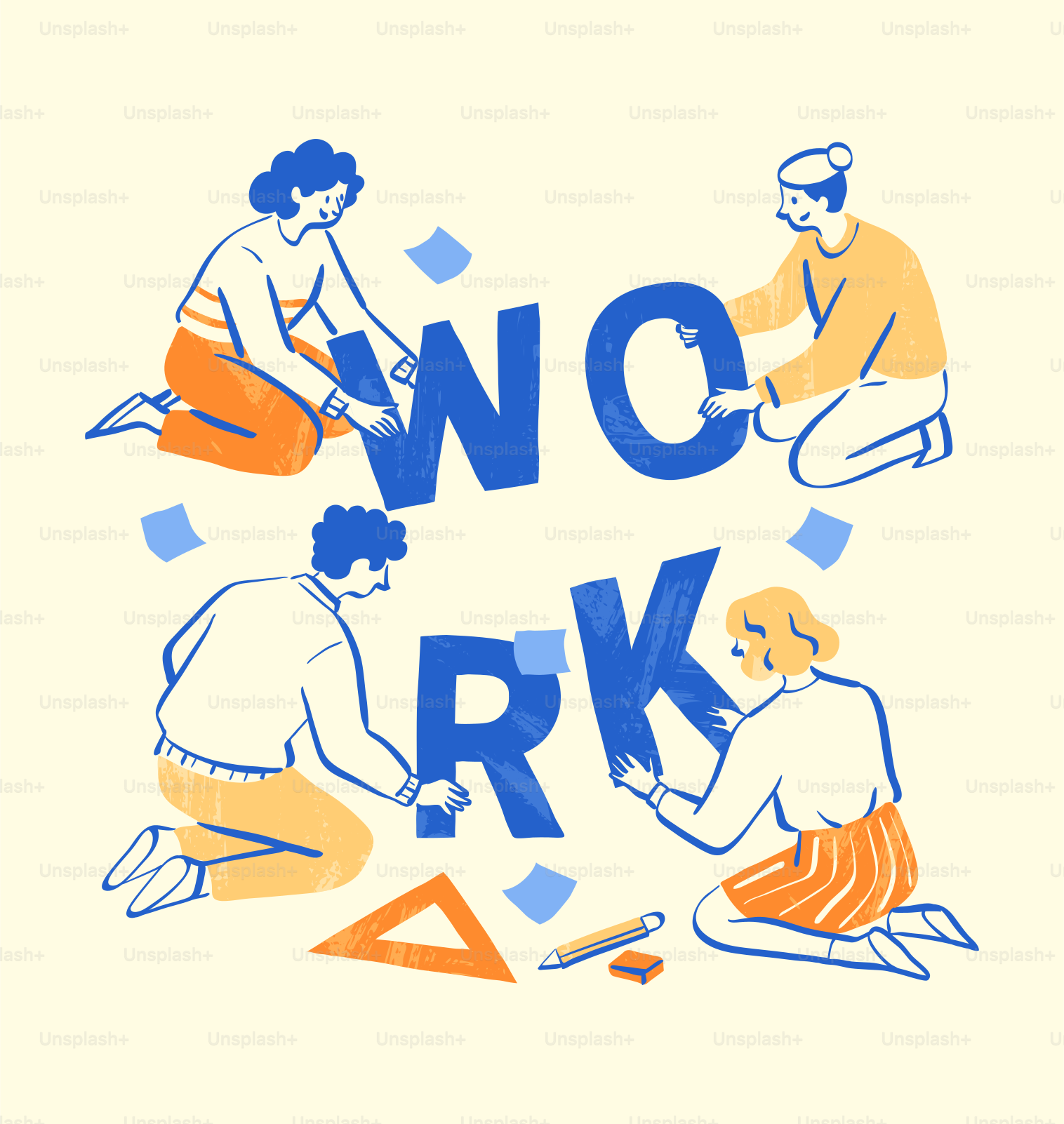 People assembling the word work together