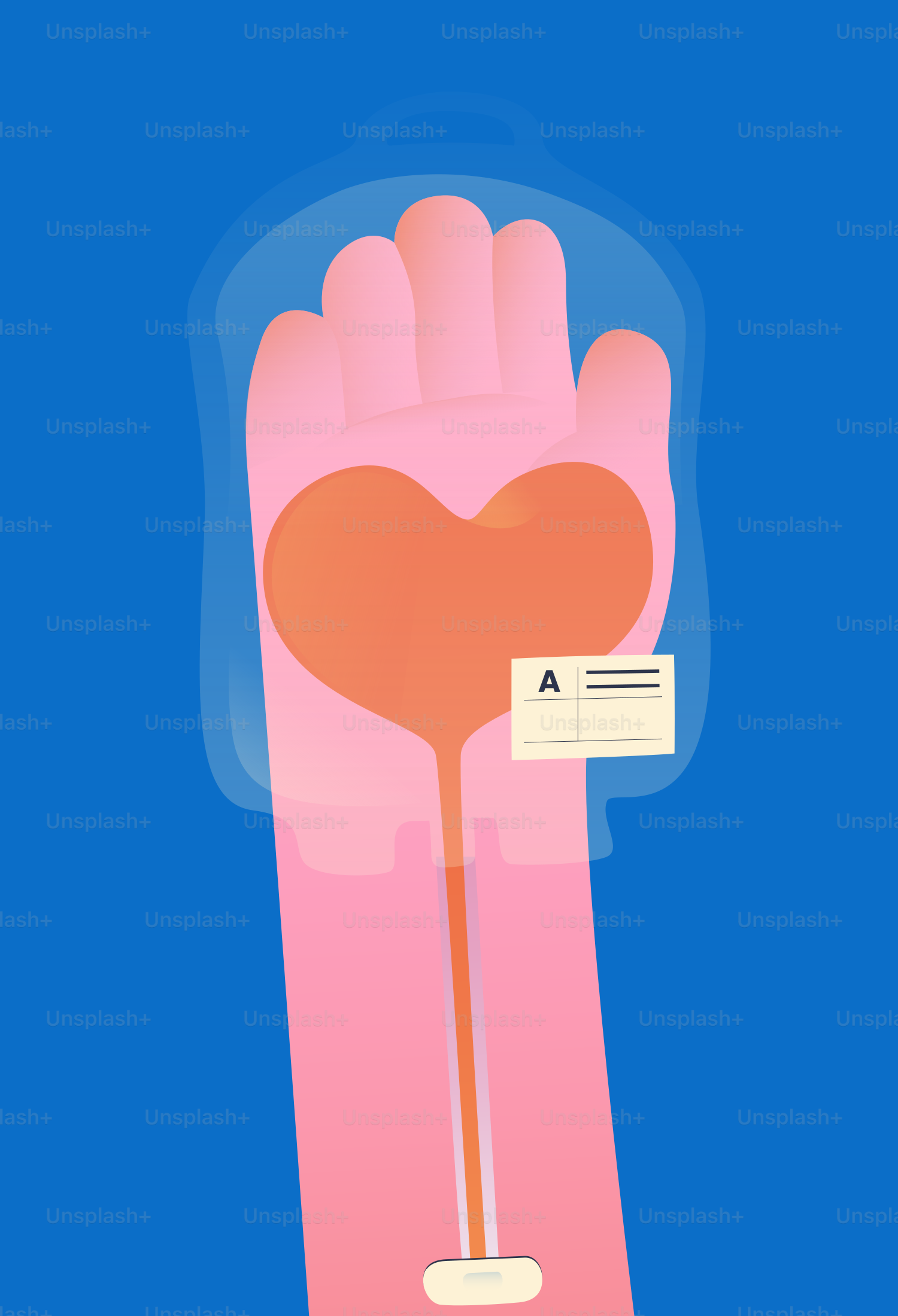 Blood bag shaped like a heart in arm