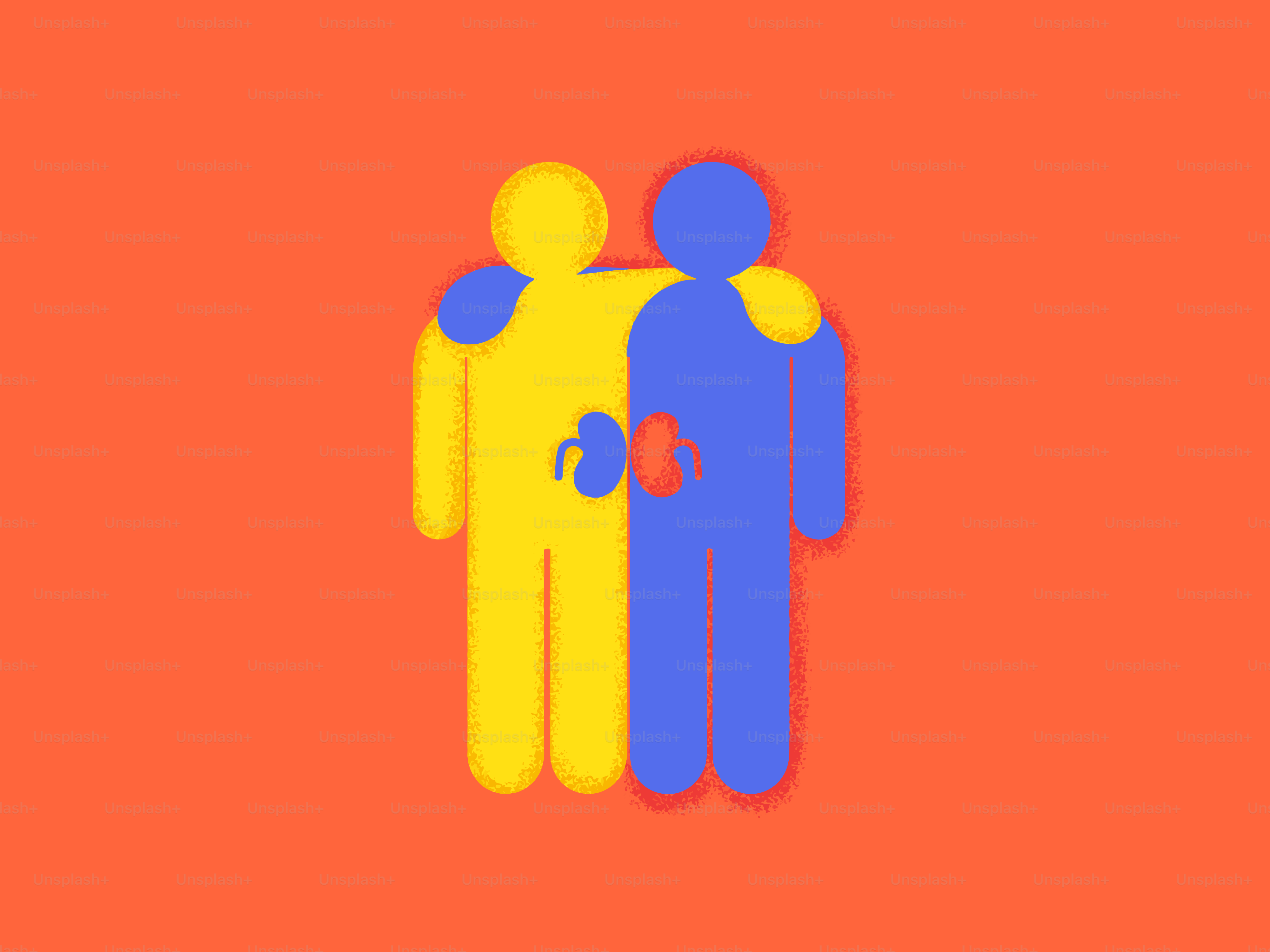 Two figures with kidneys shown, one yellow, one blue.