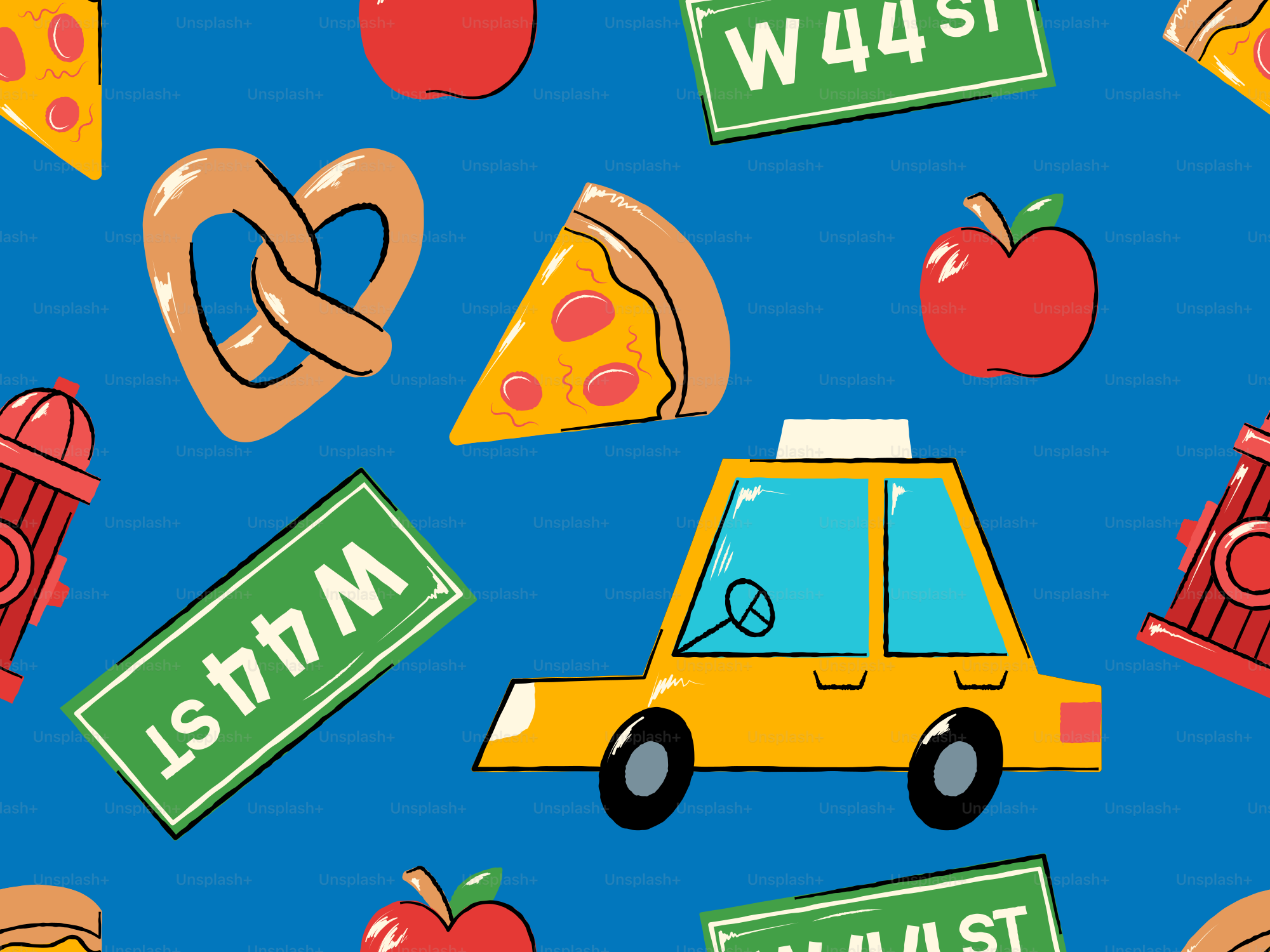 New york city icons: taxi, pizza, pretzel, apple, fire hydrant