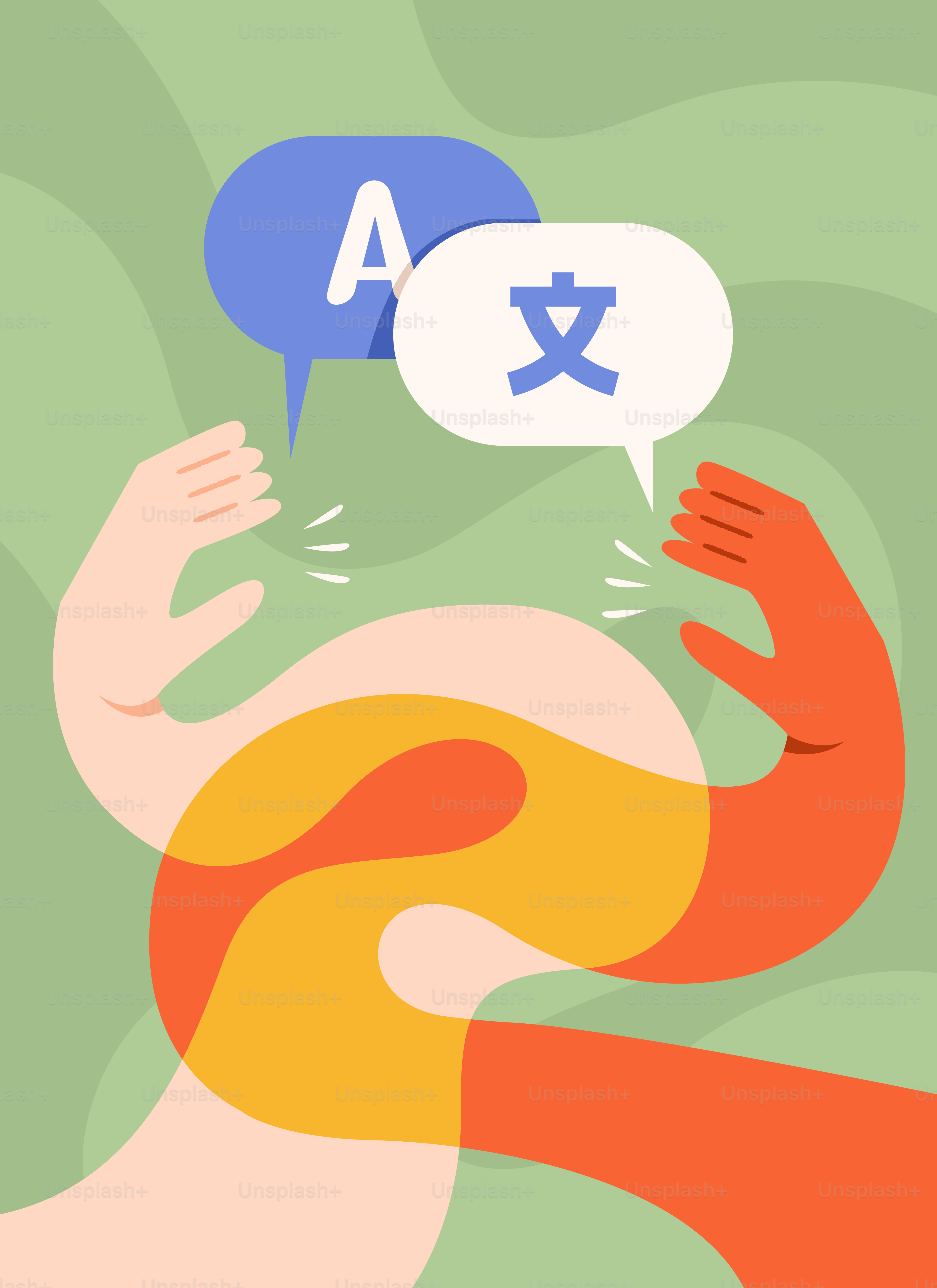 Hands connecting with speech bubbles showing languages