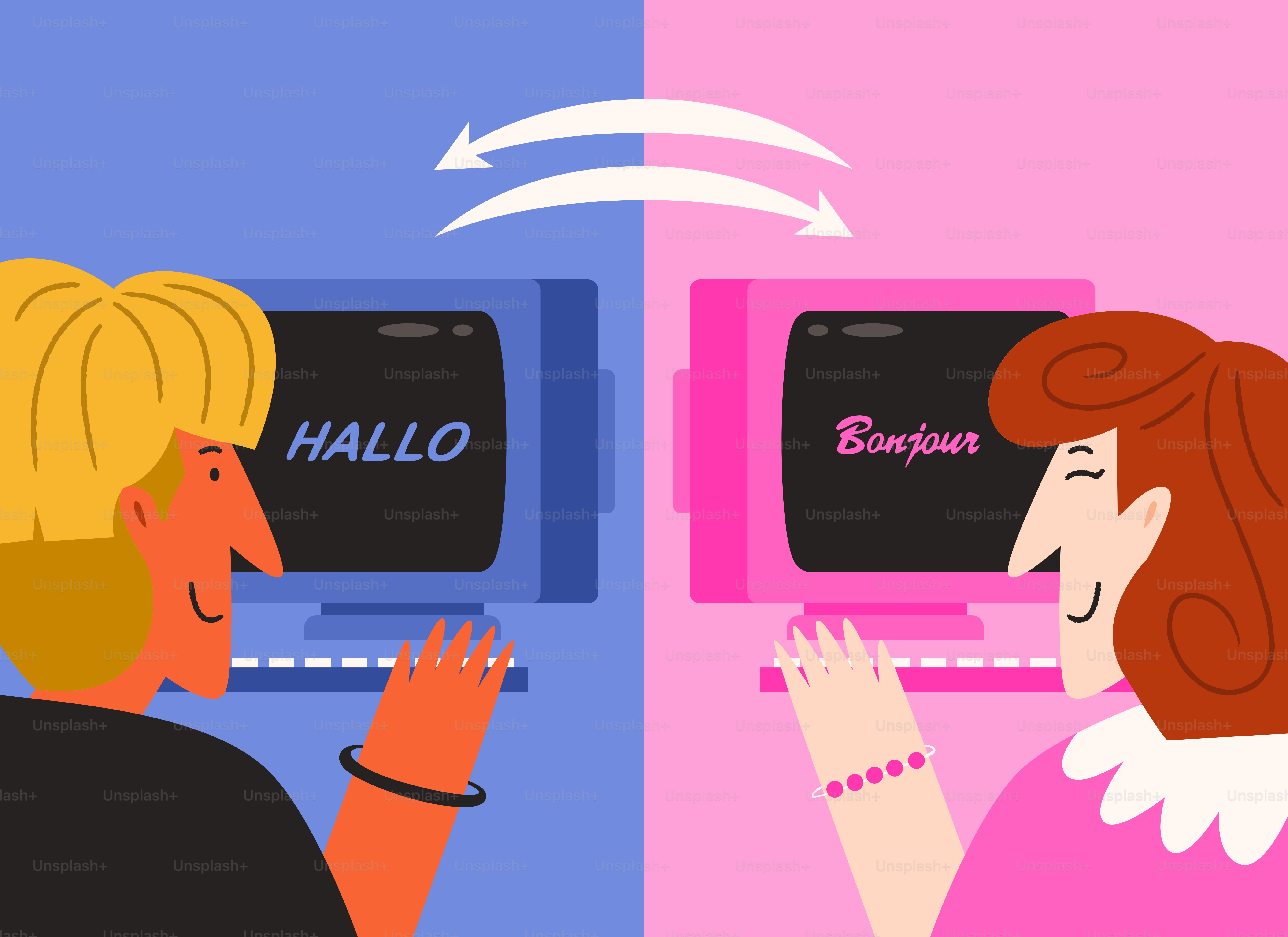 People communicating across screens with different languages.