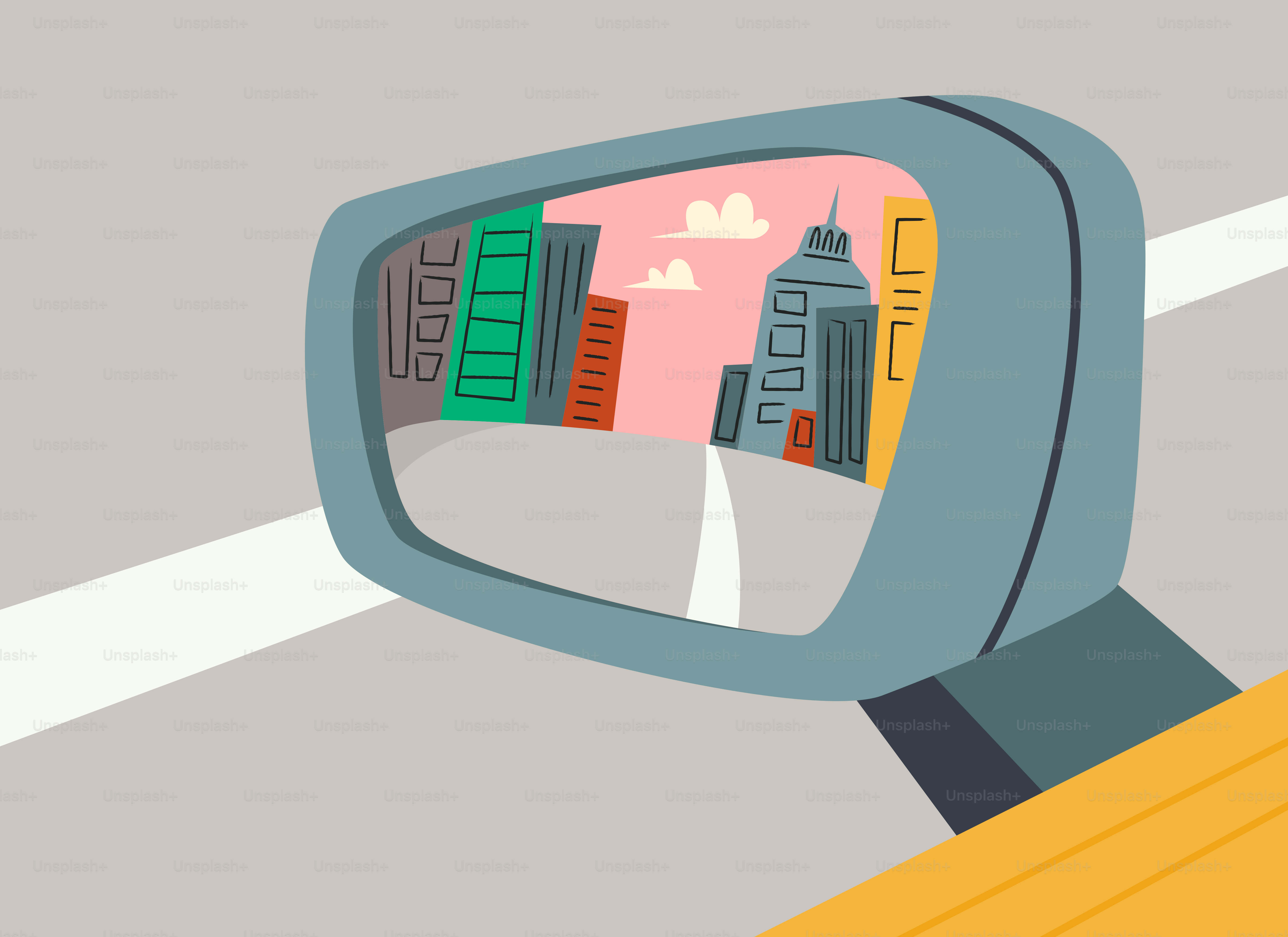 City skyline reflected in a car's side mirror.