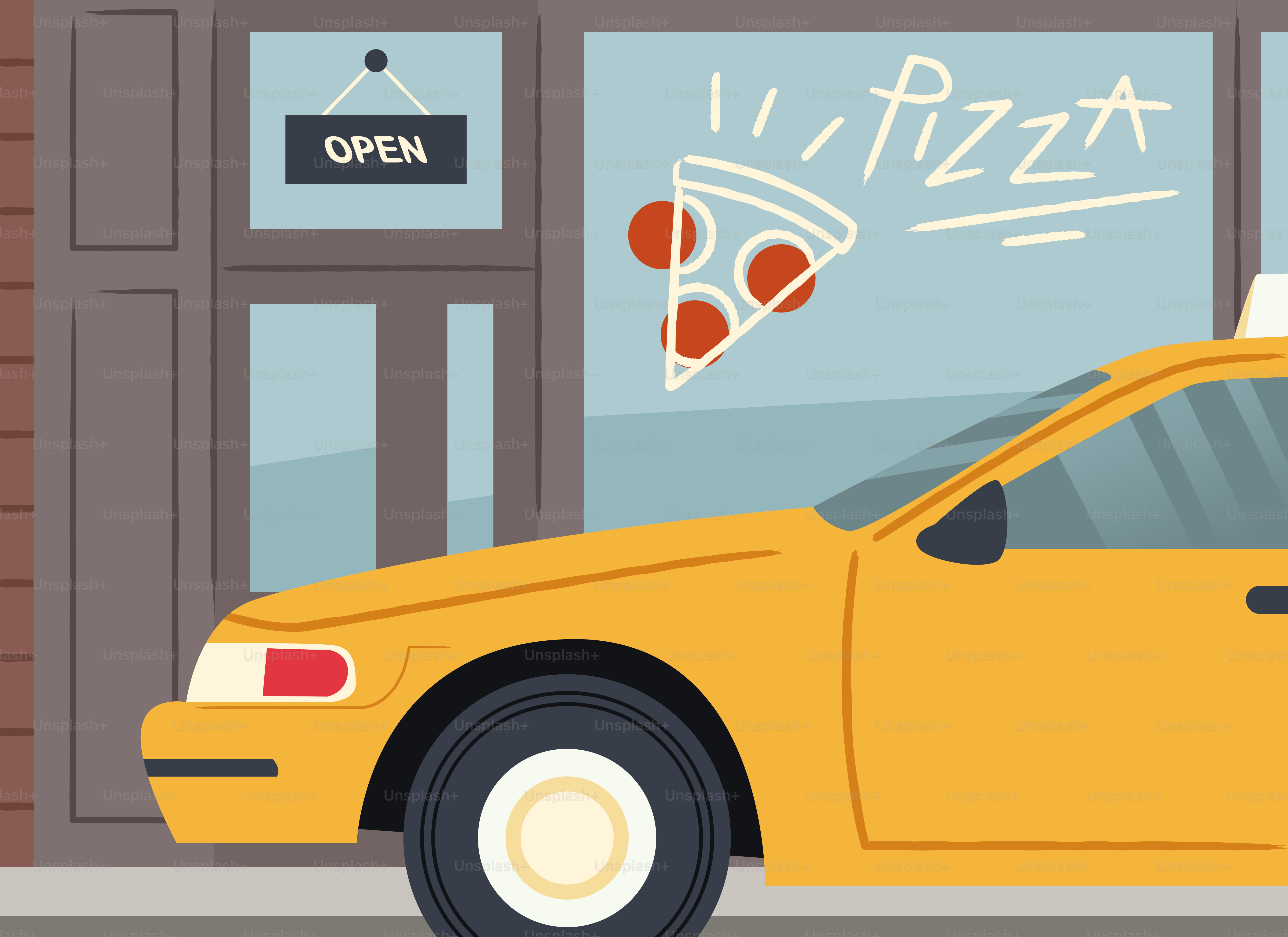 Yellow taxi parked outside a pizza shop