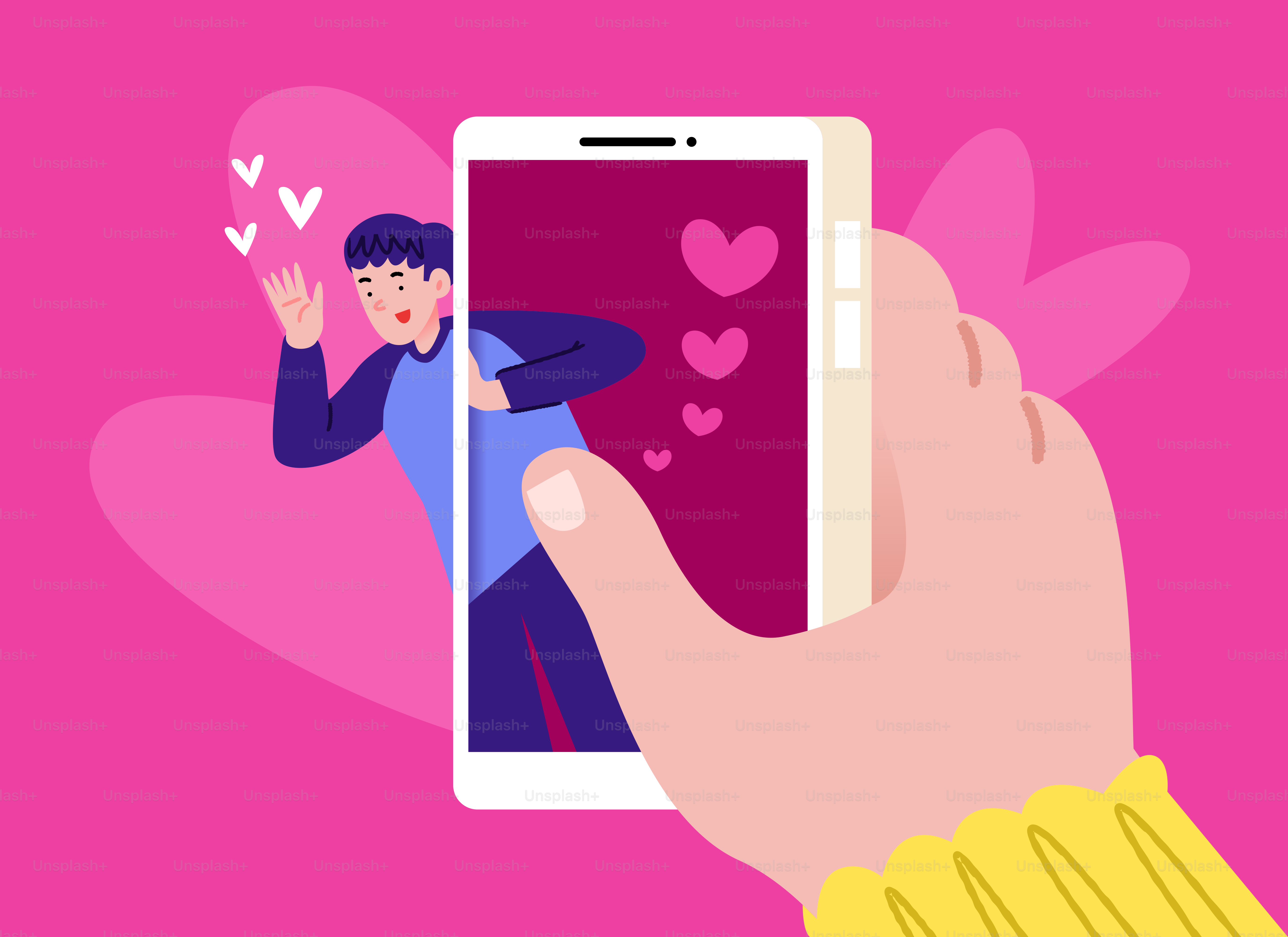 Orang yang melambai dari layar smartphone dengan hati.