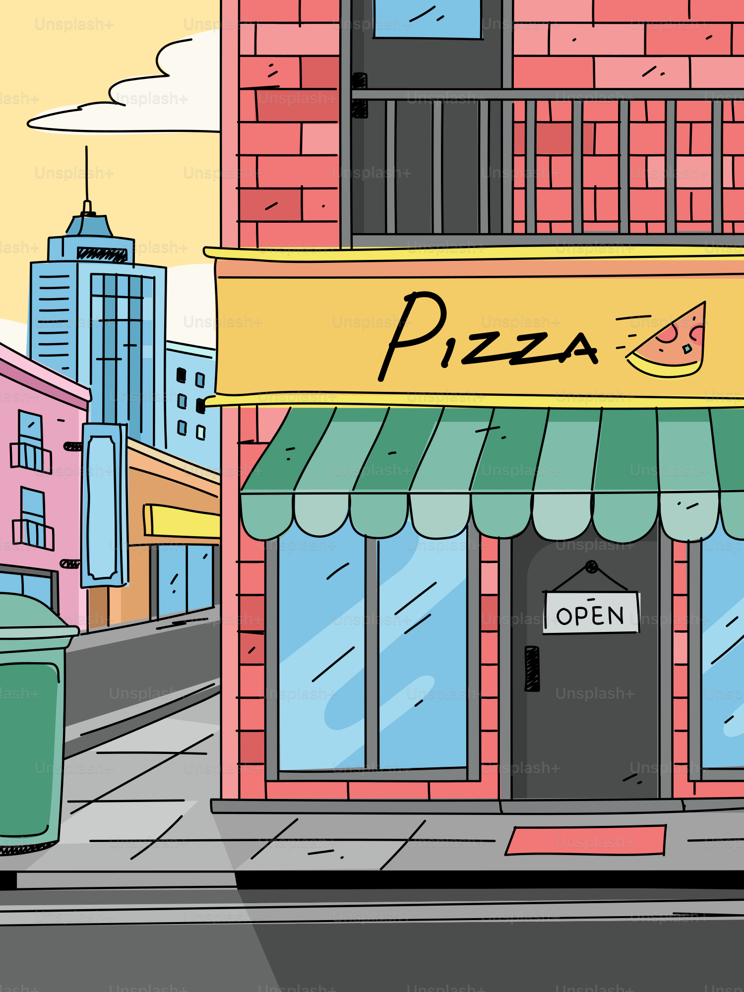 Una pizzeria in una strada cittadina con edifici.