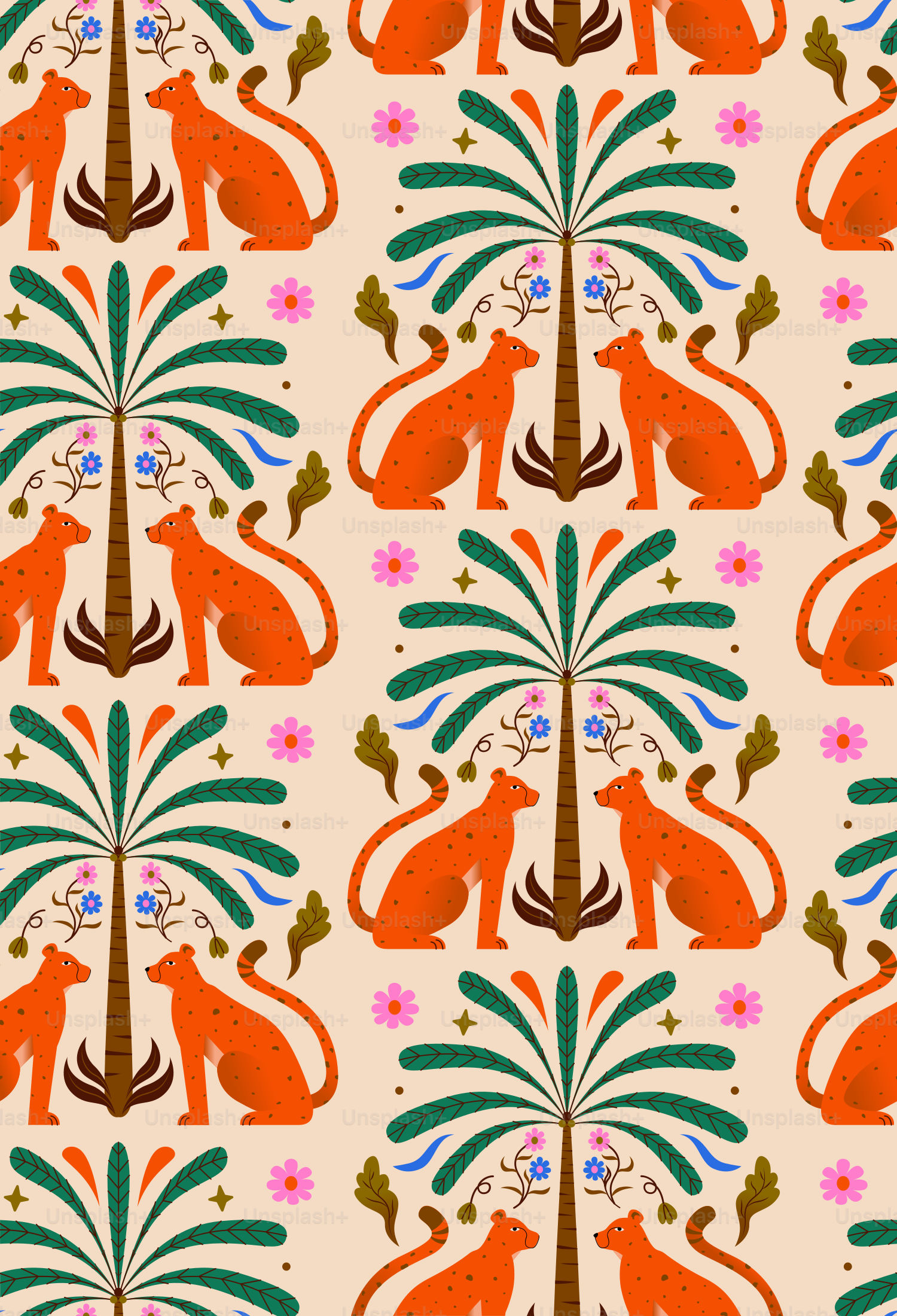 Seamless pattern of cheetahs and palm trees