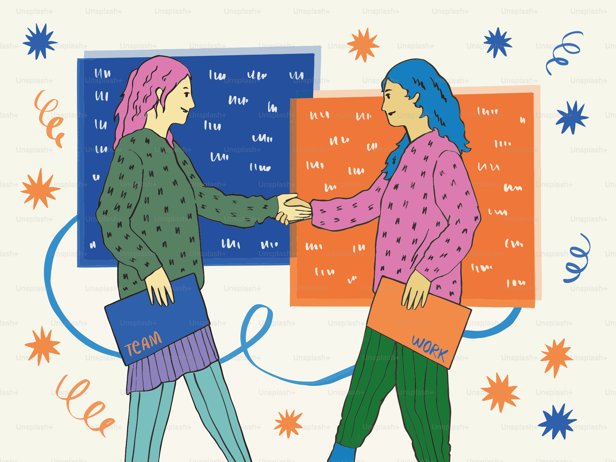 Two women shaking hands with folders