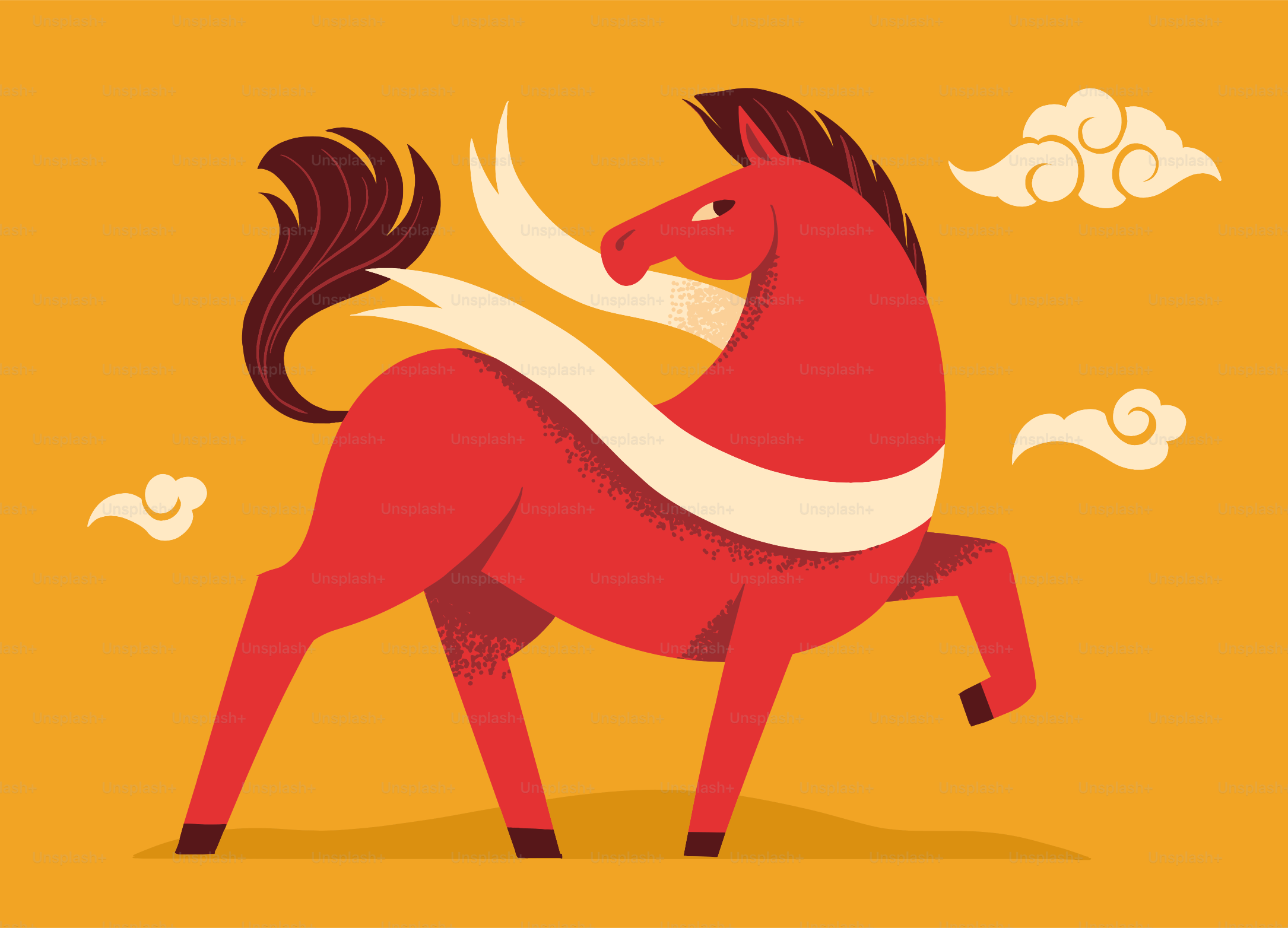 A stylized red horse with flowing mane and tail.