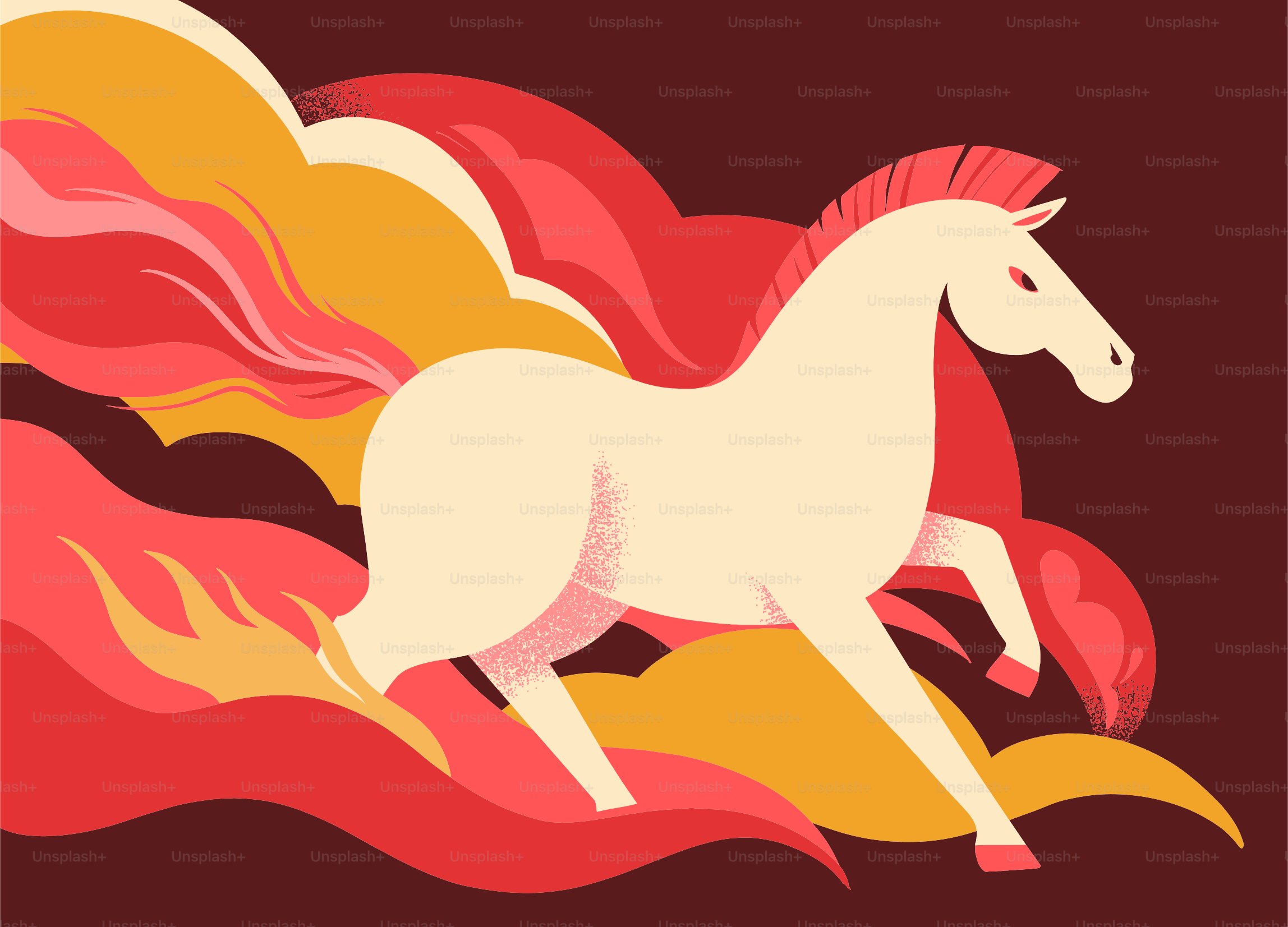 A white horse running through stylized flames.