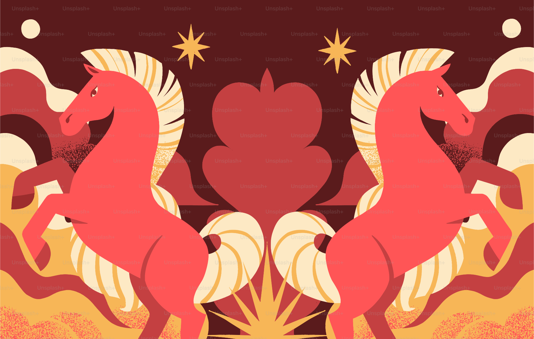 Two red horses rearing up with abstract background
