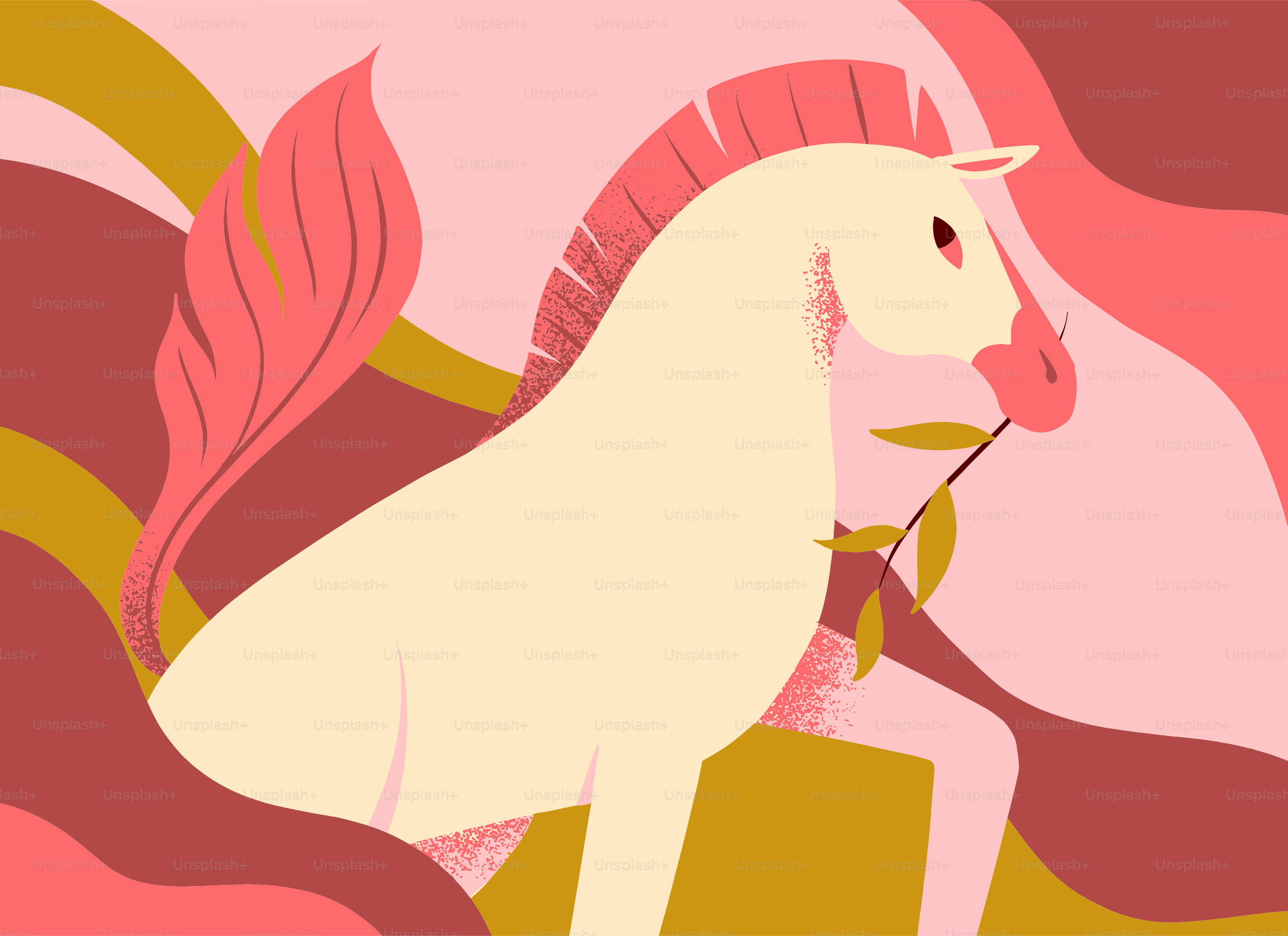 A stylized horse with a branch in its mouth.