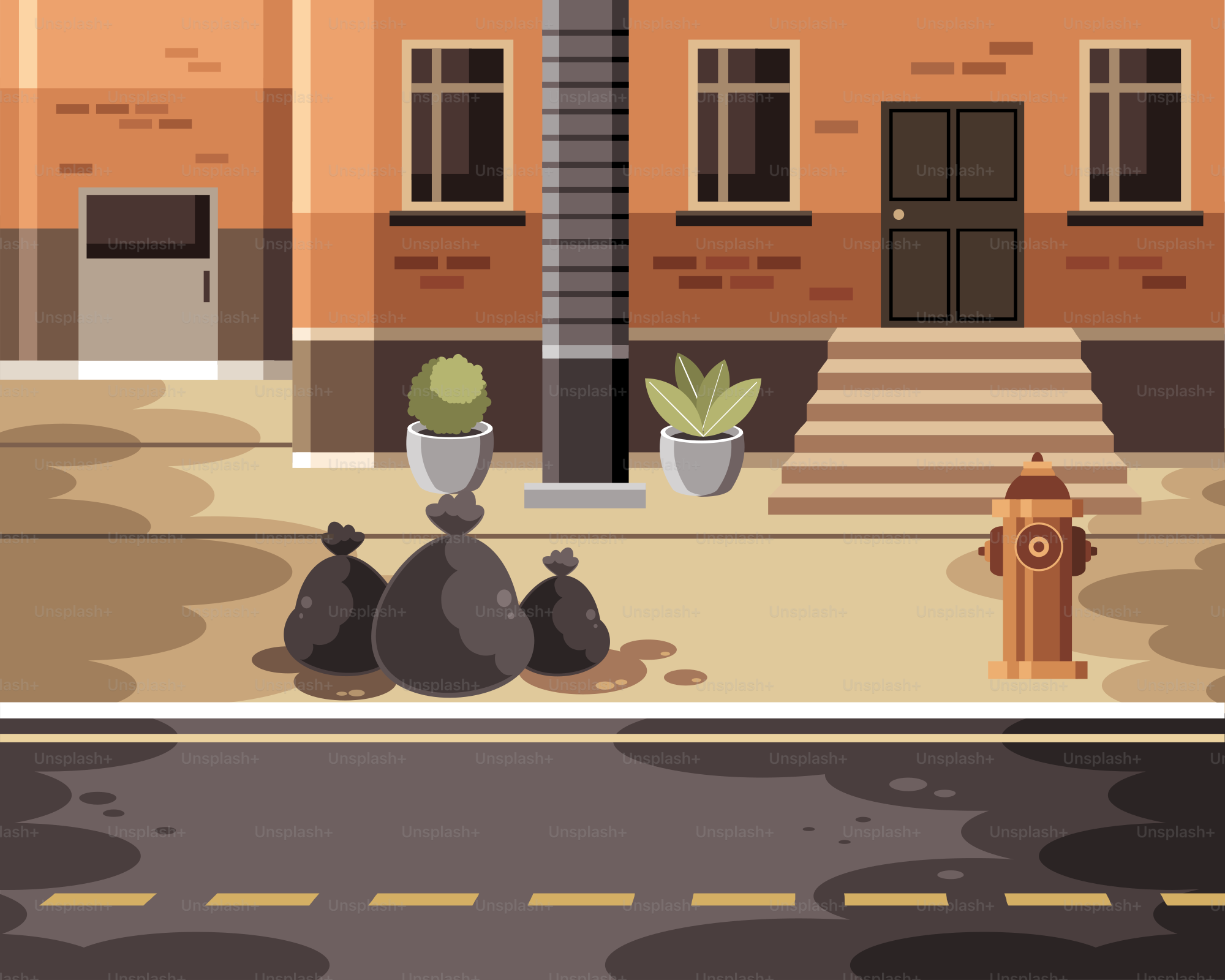 Garbage bags on a dirty city street