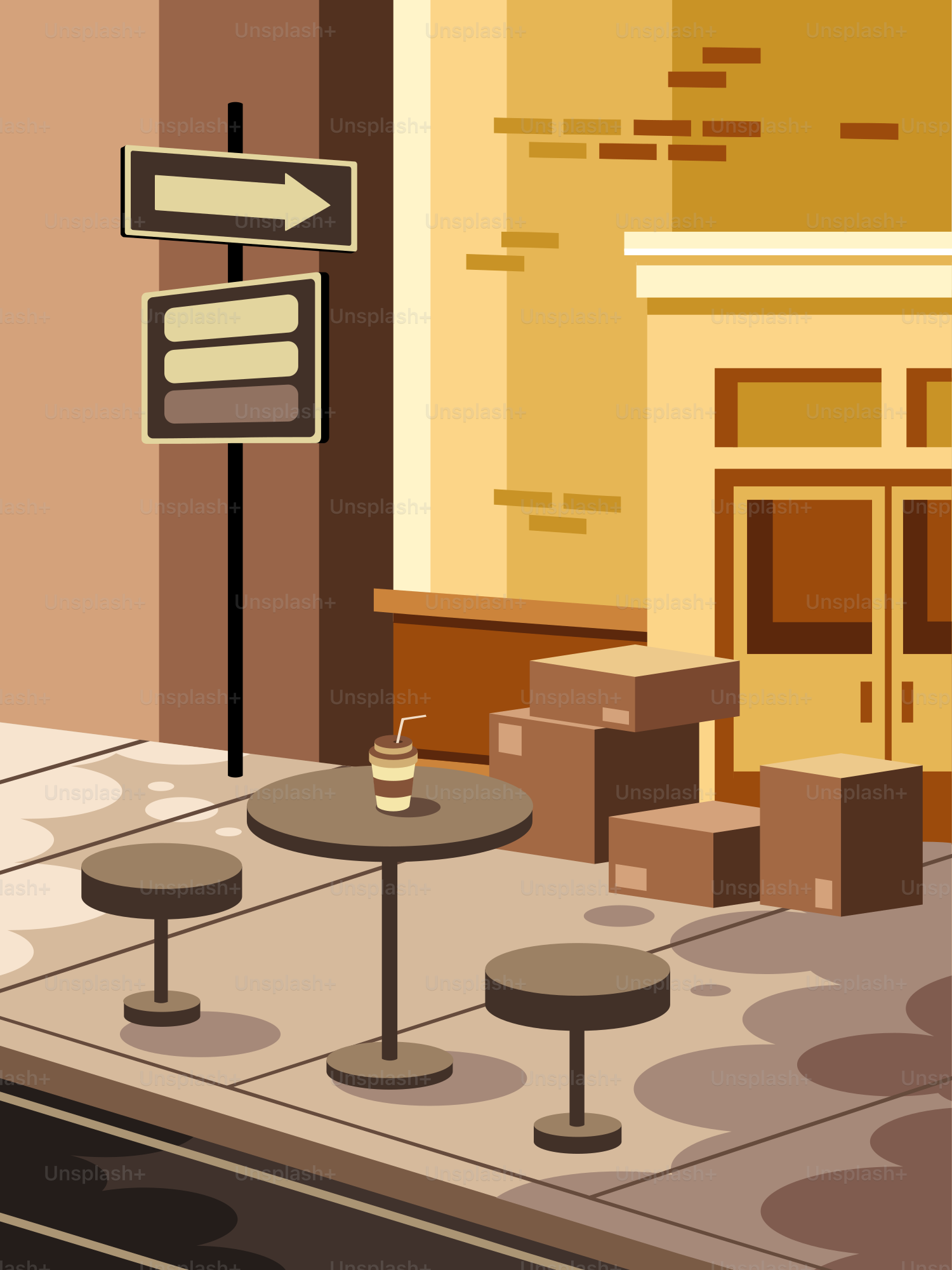 Street scene with cafe table, stools, and boxes.