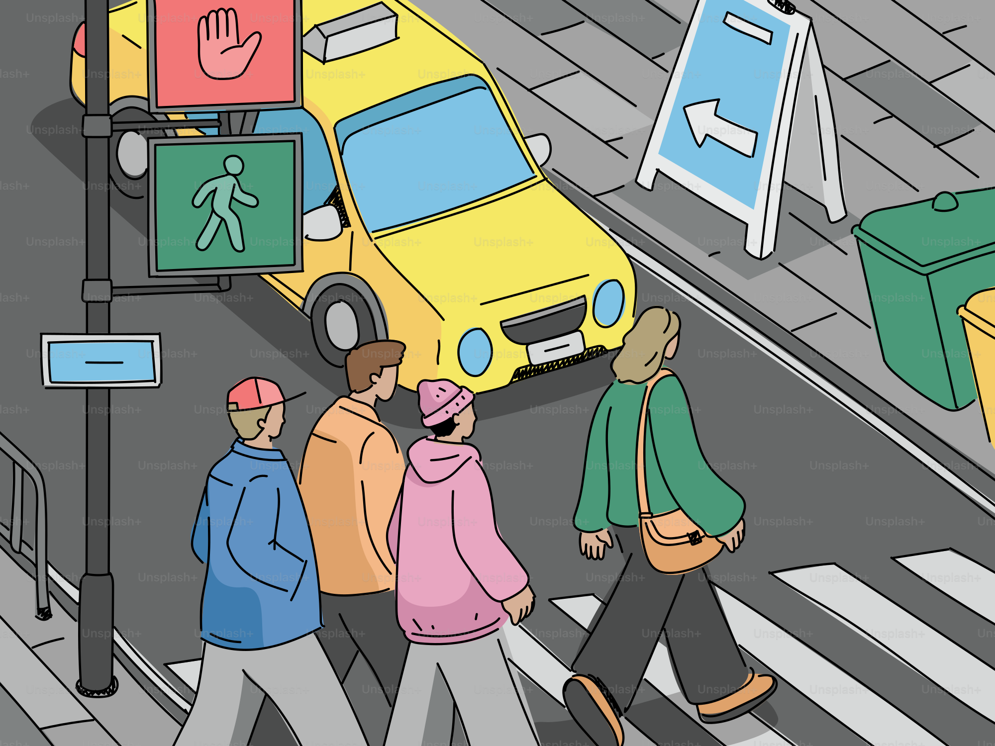 People crossing street at crosswalk with yellow taxi.