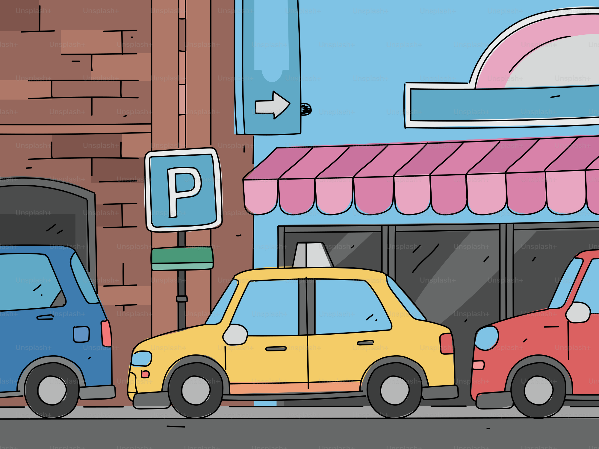 Yellow taxi parked between blue and red cars.