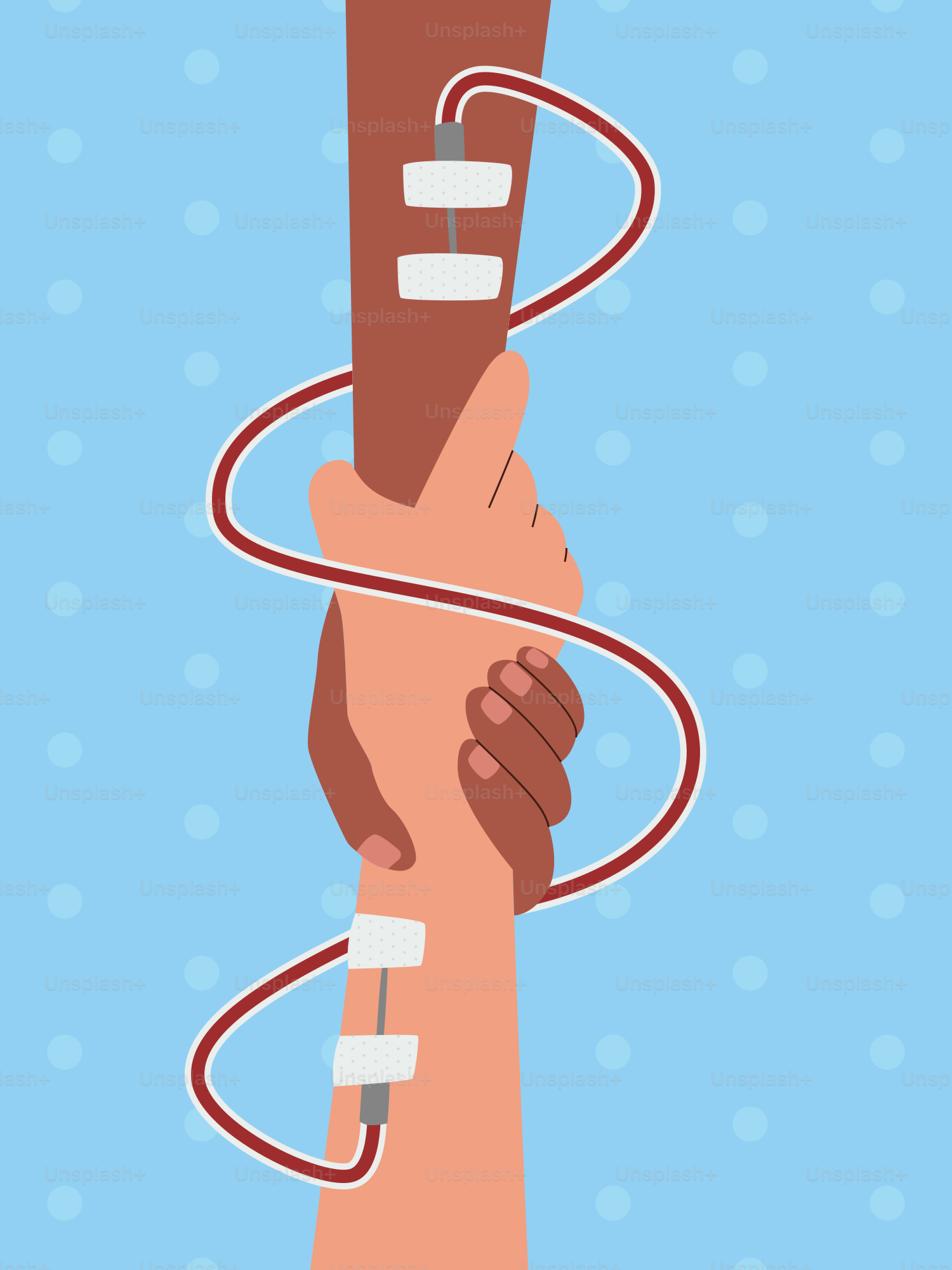 Dos manos conectadas por tubos de transfusión de sangre