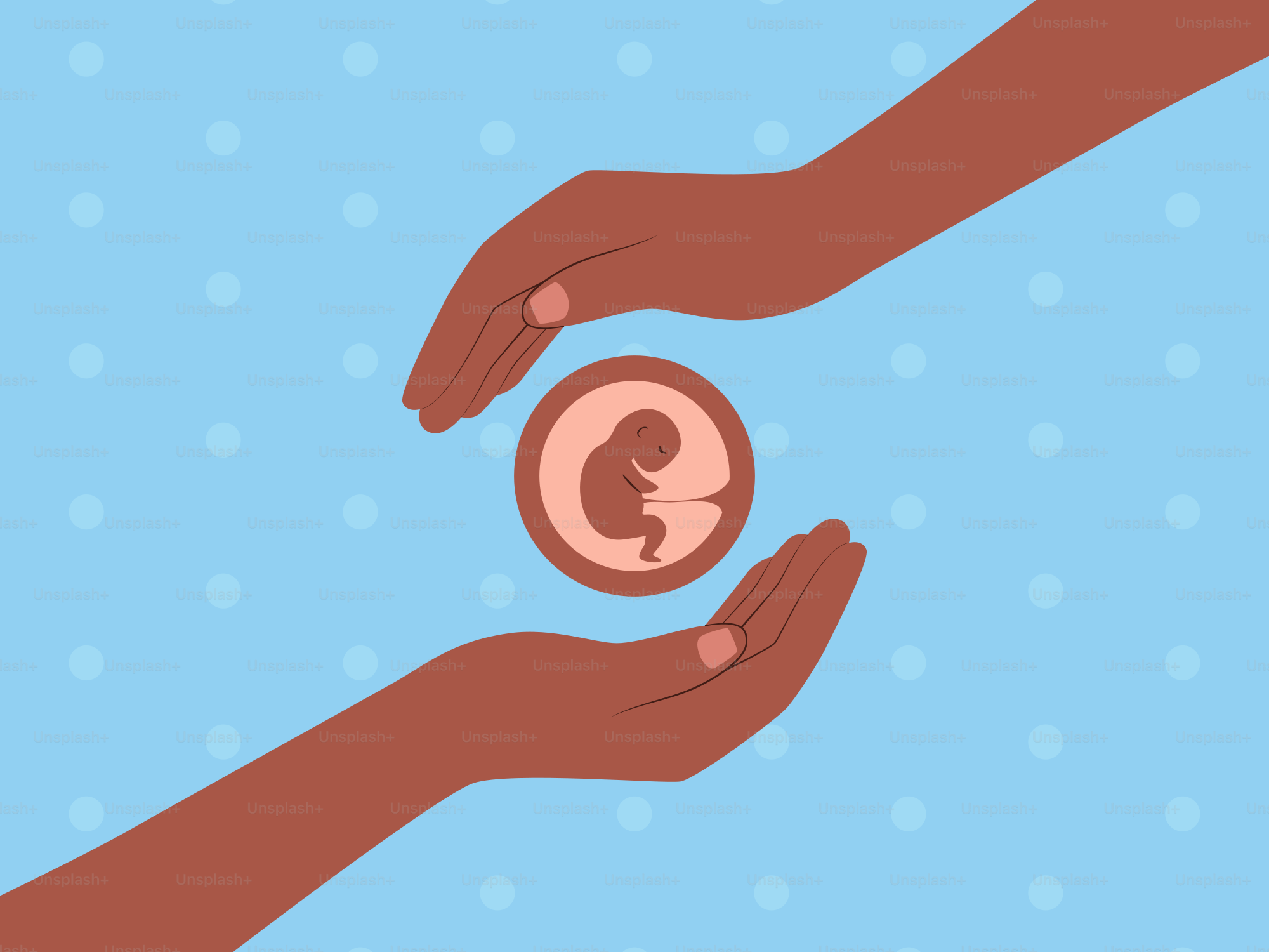 Manos acunando una silueta fetal en círculo.