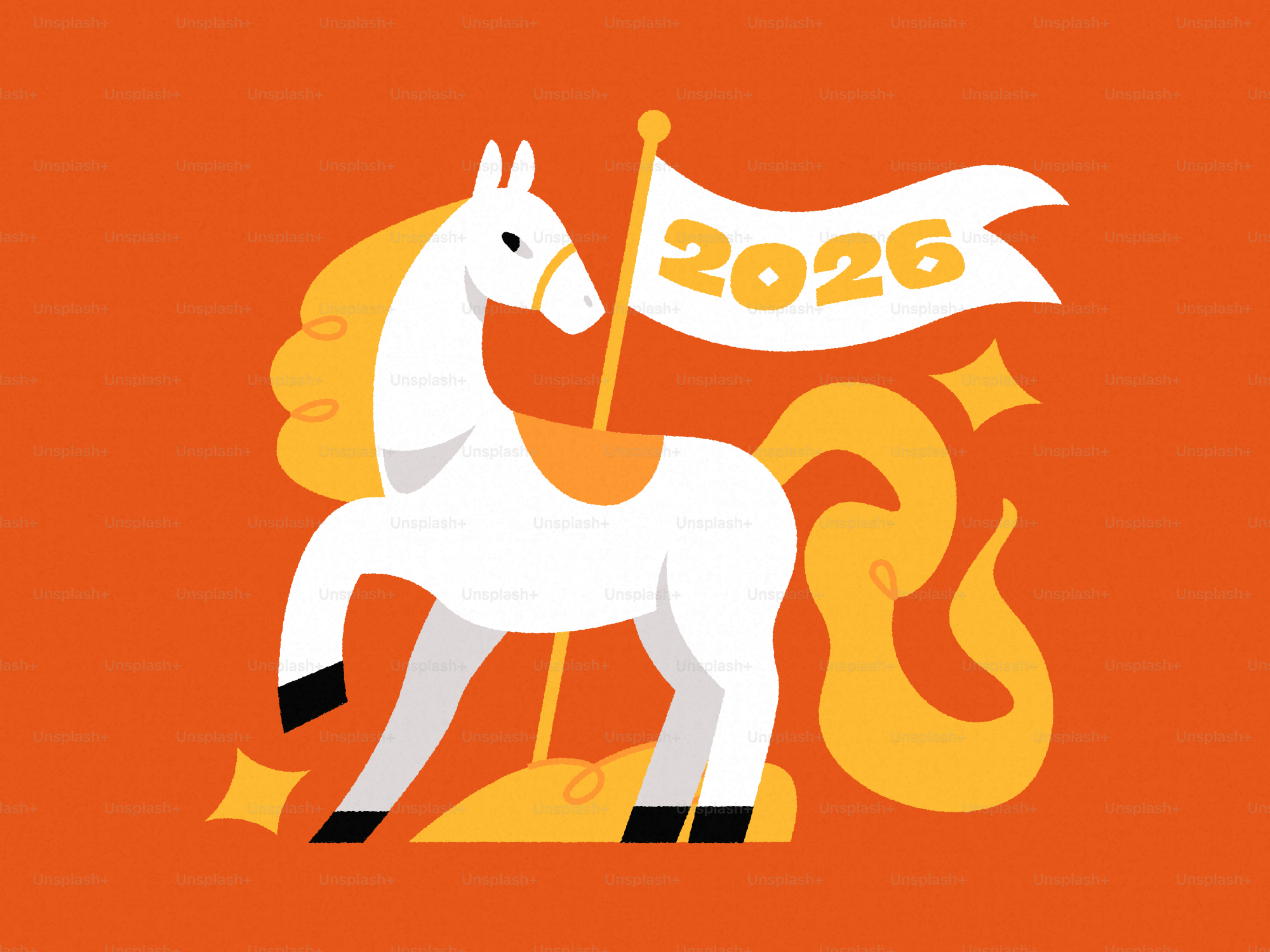 White horse with 2026 on flag on orange background