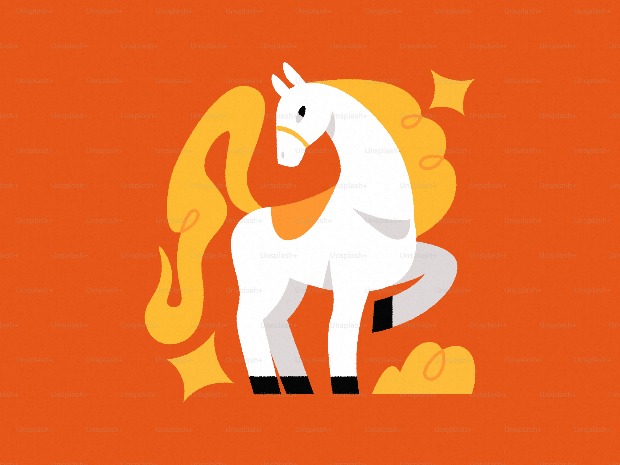 A stylized white horse with a flowing mane and tail.