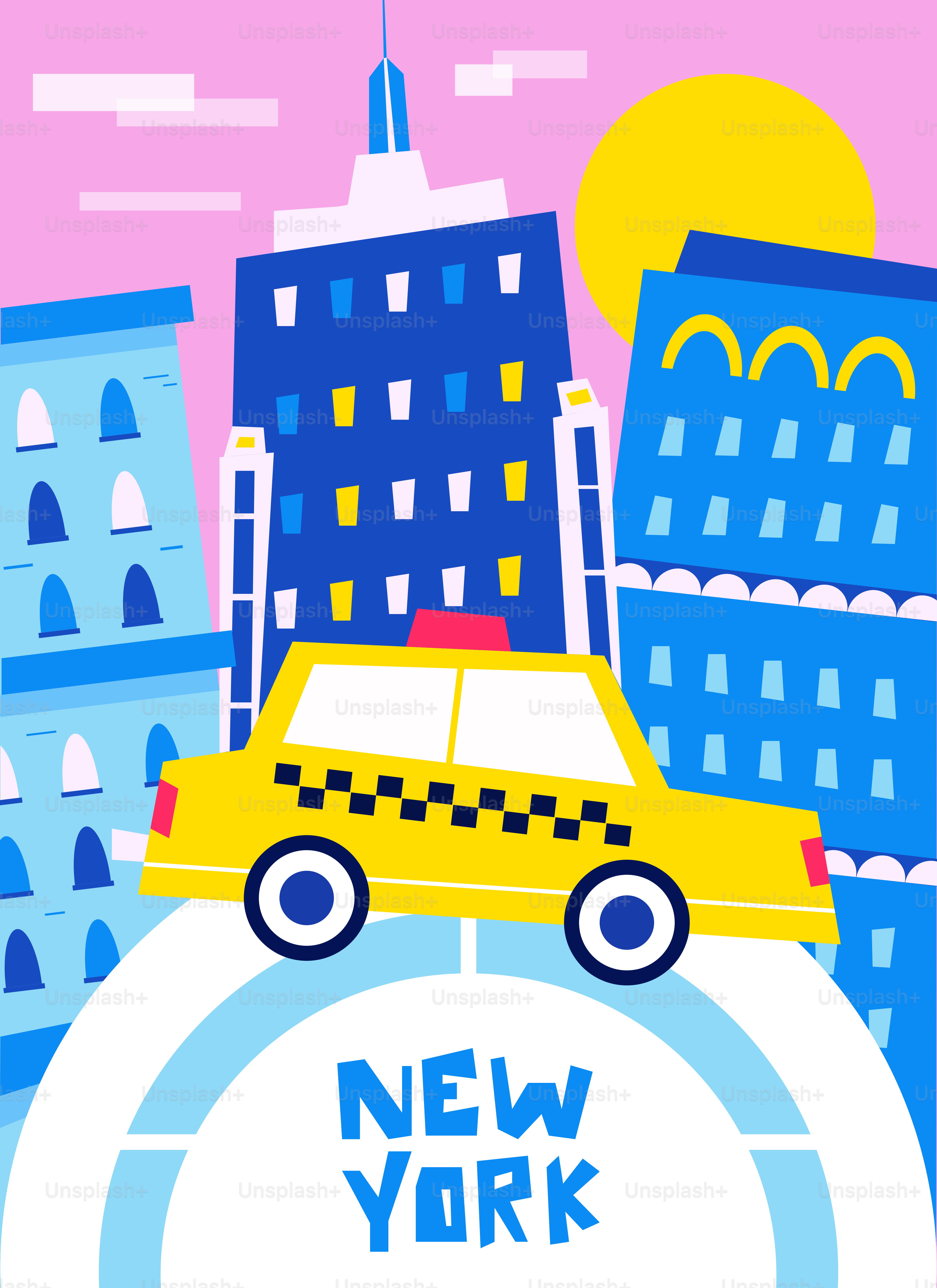 Yellow new york taxi with city buildings and sun.