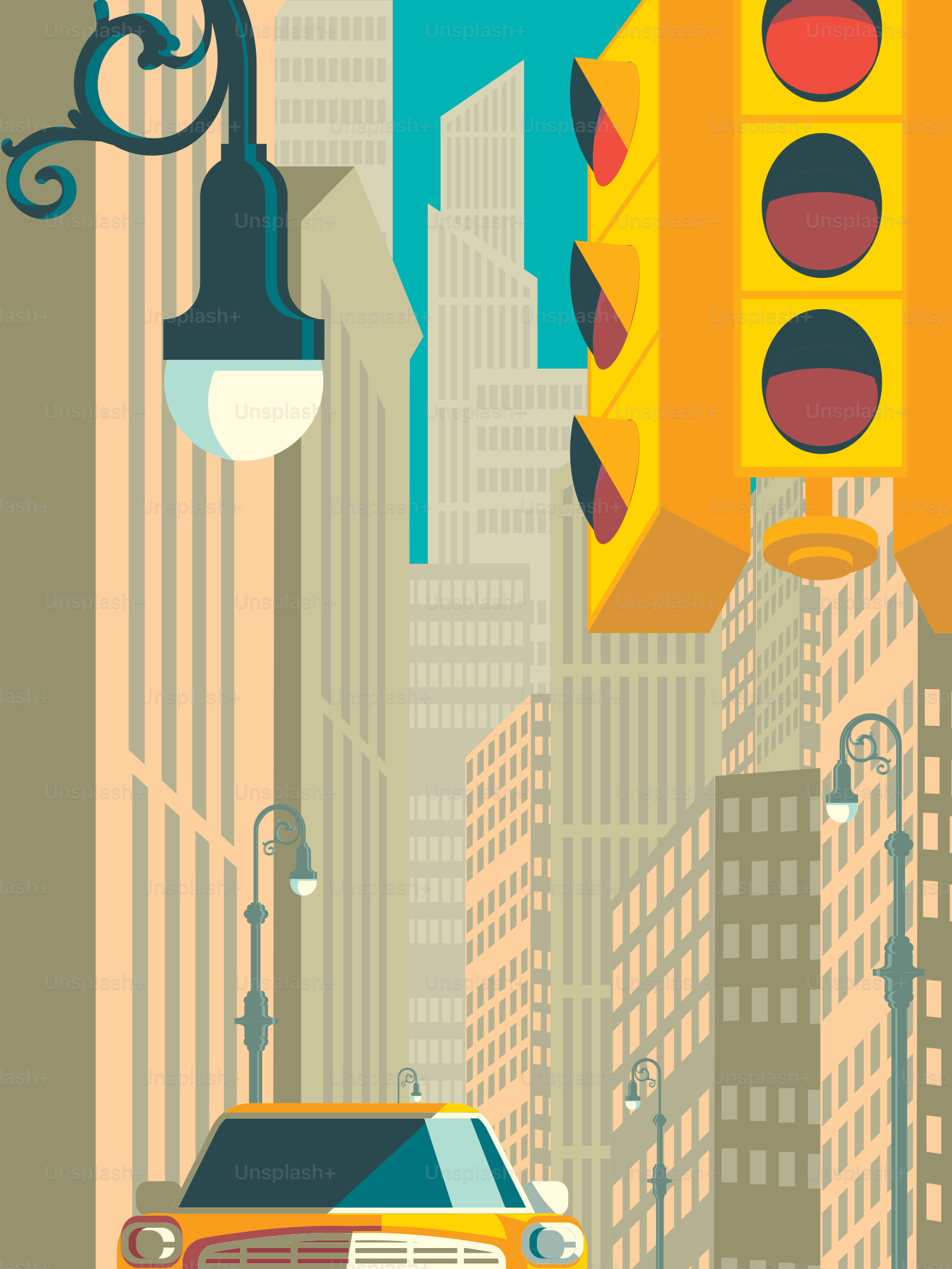 Yellow taxi and traffic light on city street