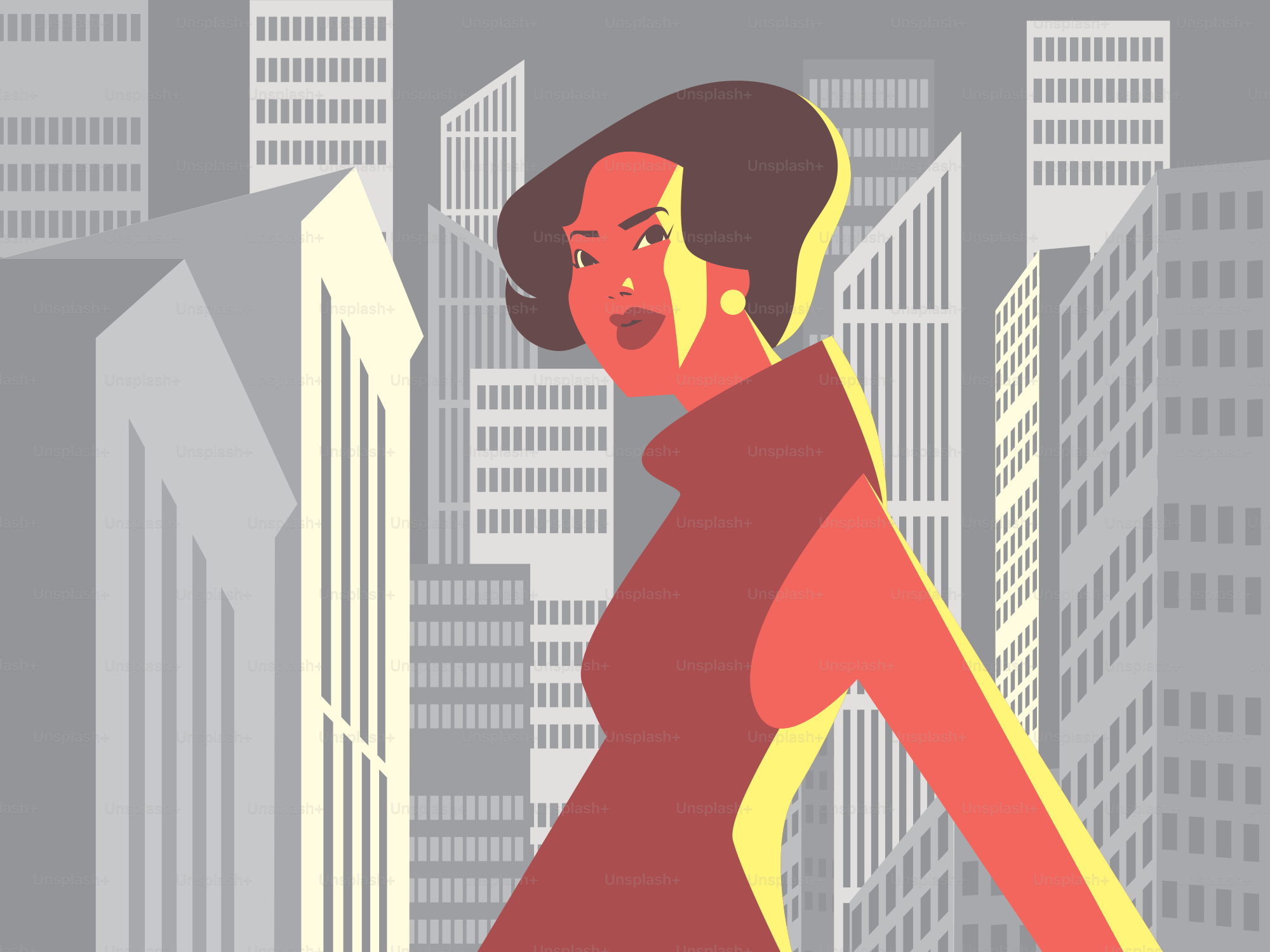 Woman in red dress in front of city buildings