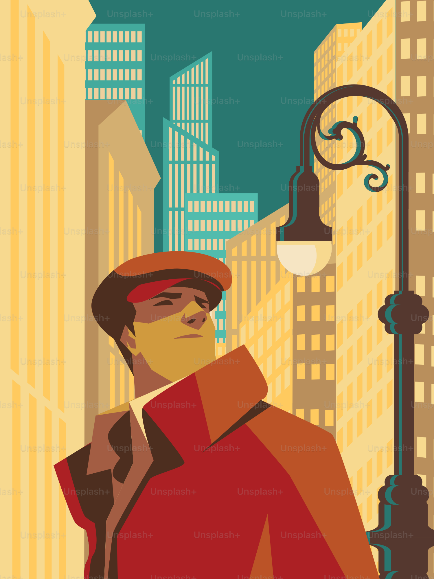 Homme en manteau rouge et casquette dans la rue de la ville