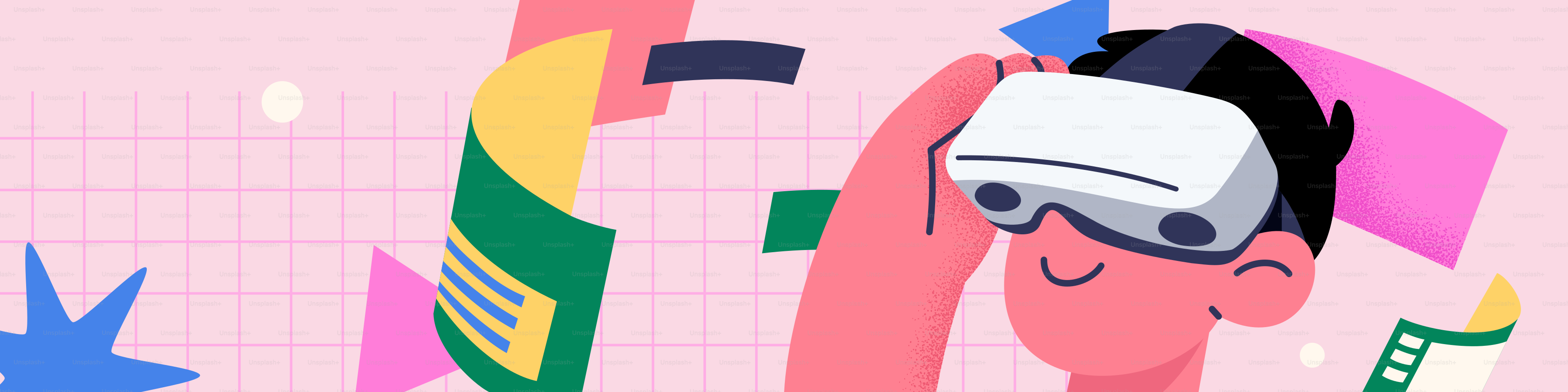 Person wearing vr headset with abstract shapes