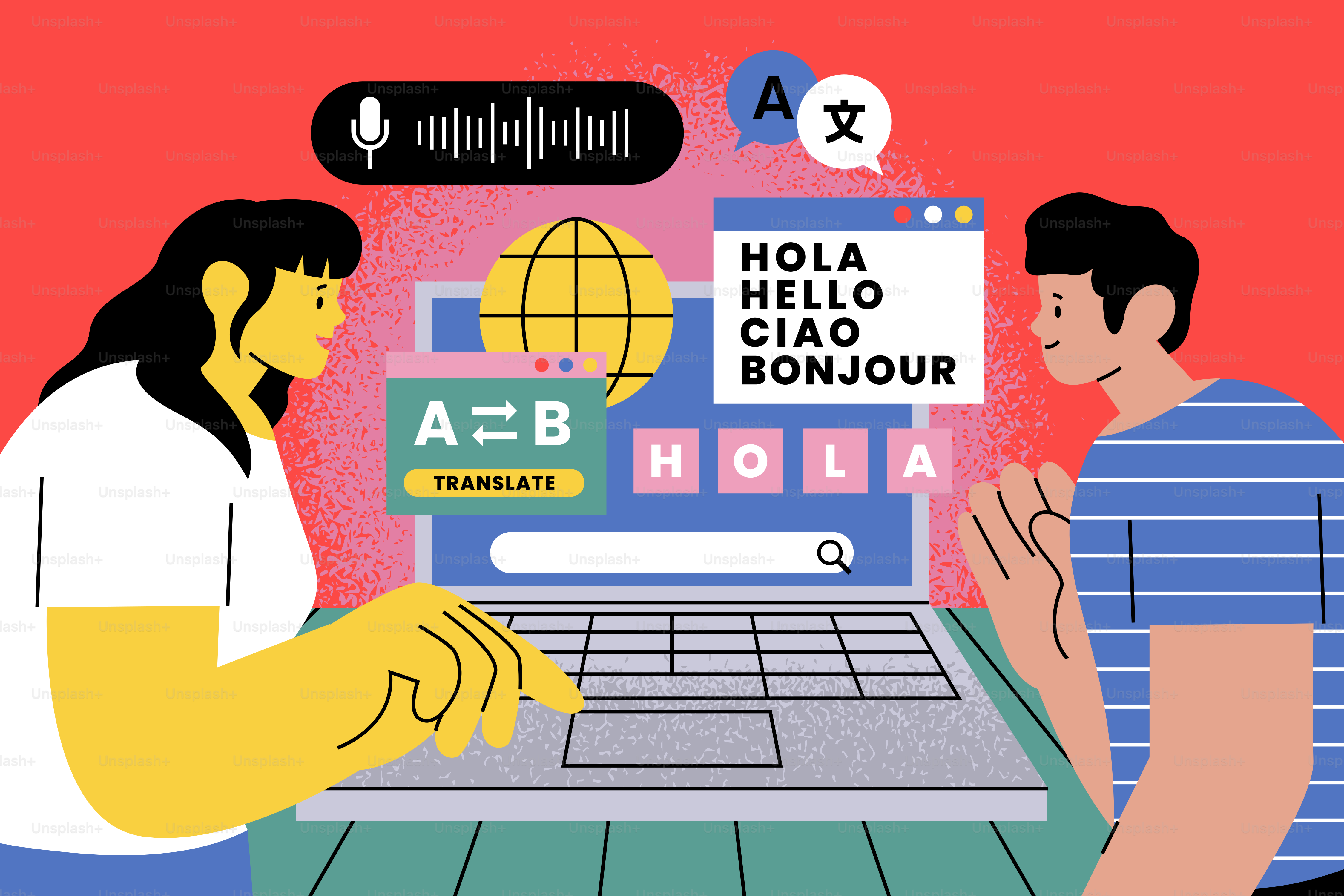 People using laptop for language translation