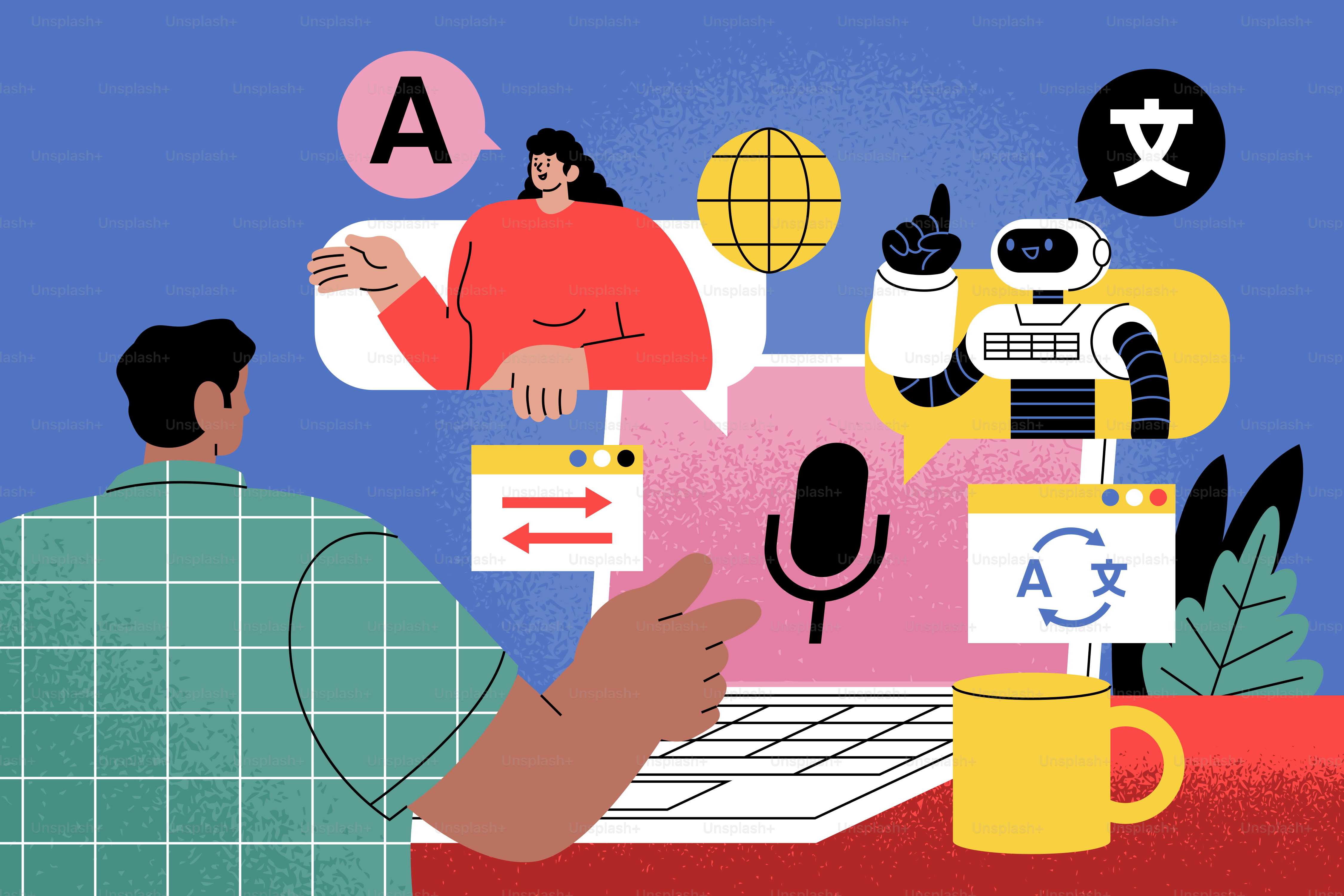 People communicating with a robot translator online.