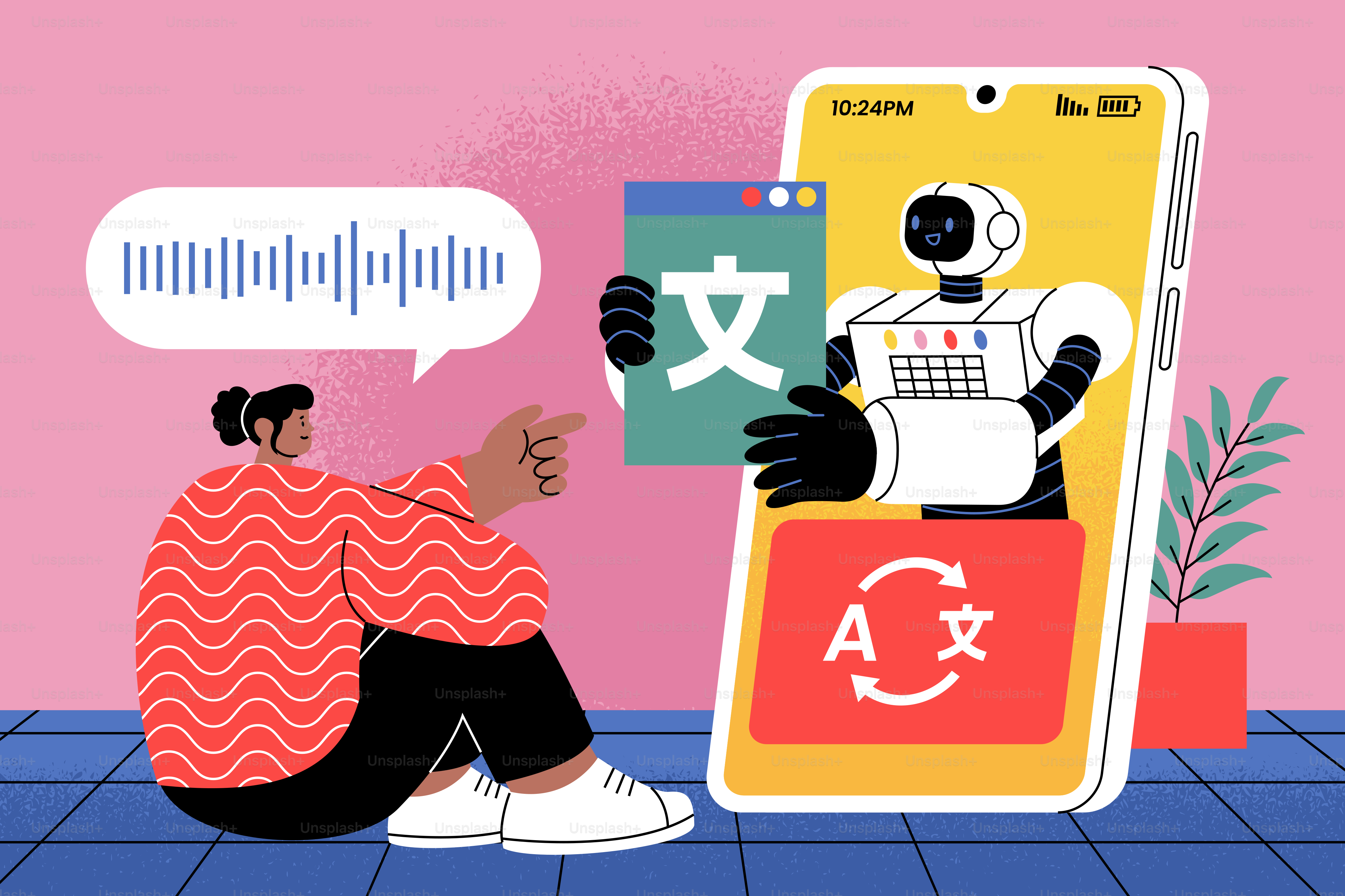 Robot on phone shows translation between languages
