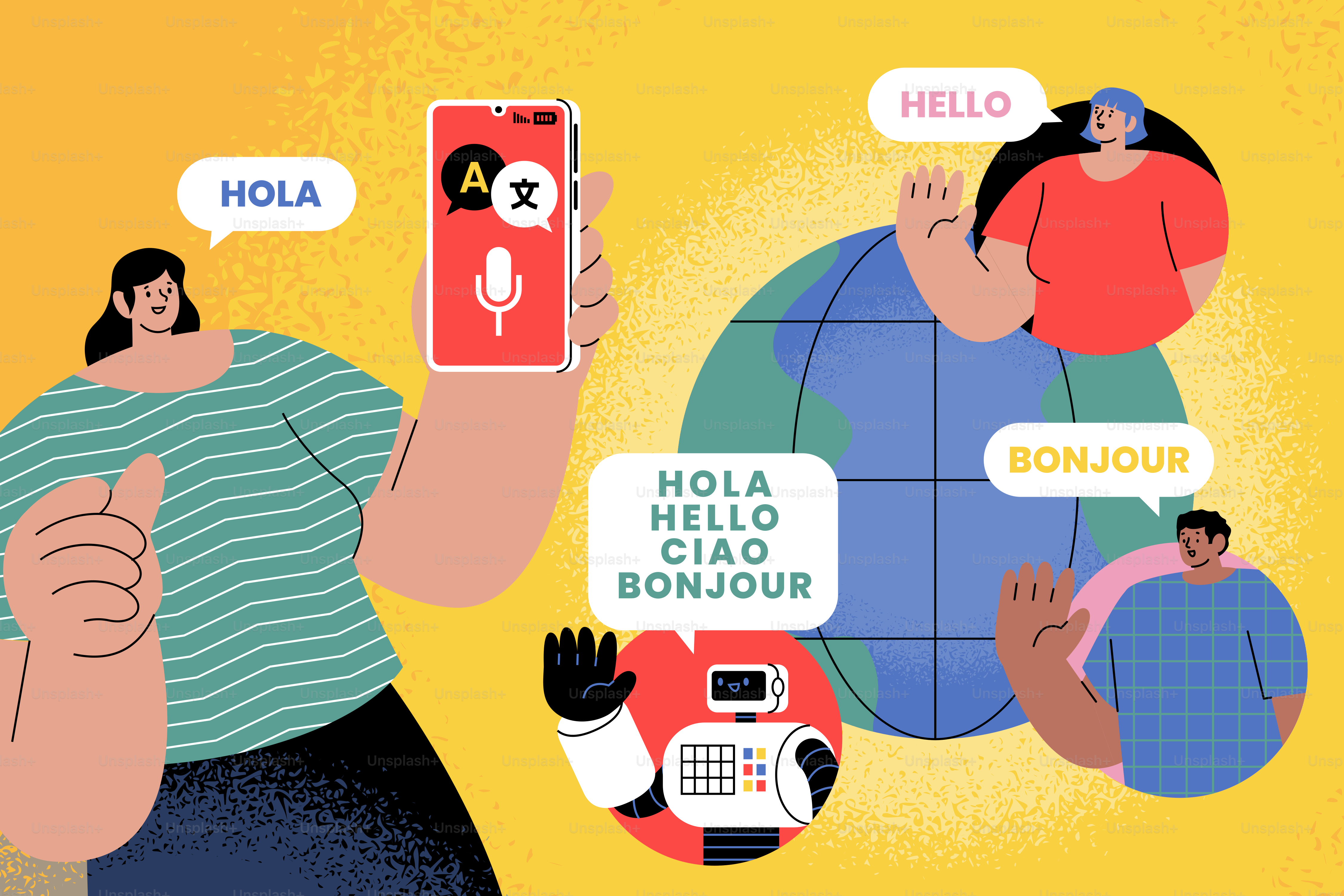 People communicating globally using translation app on phone.