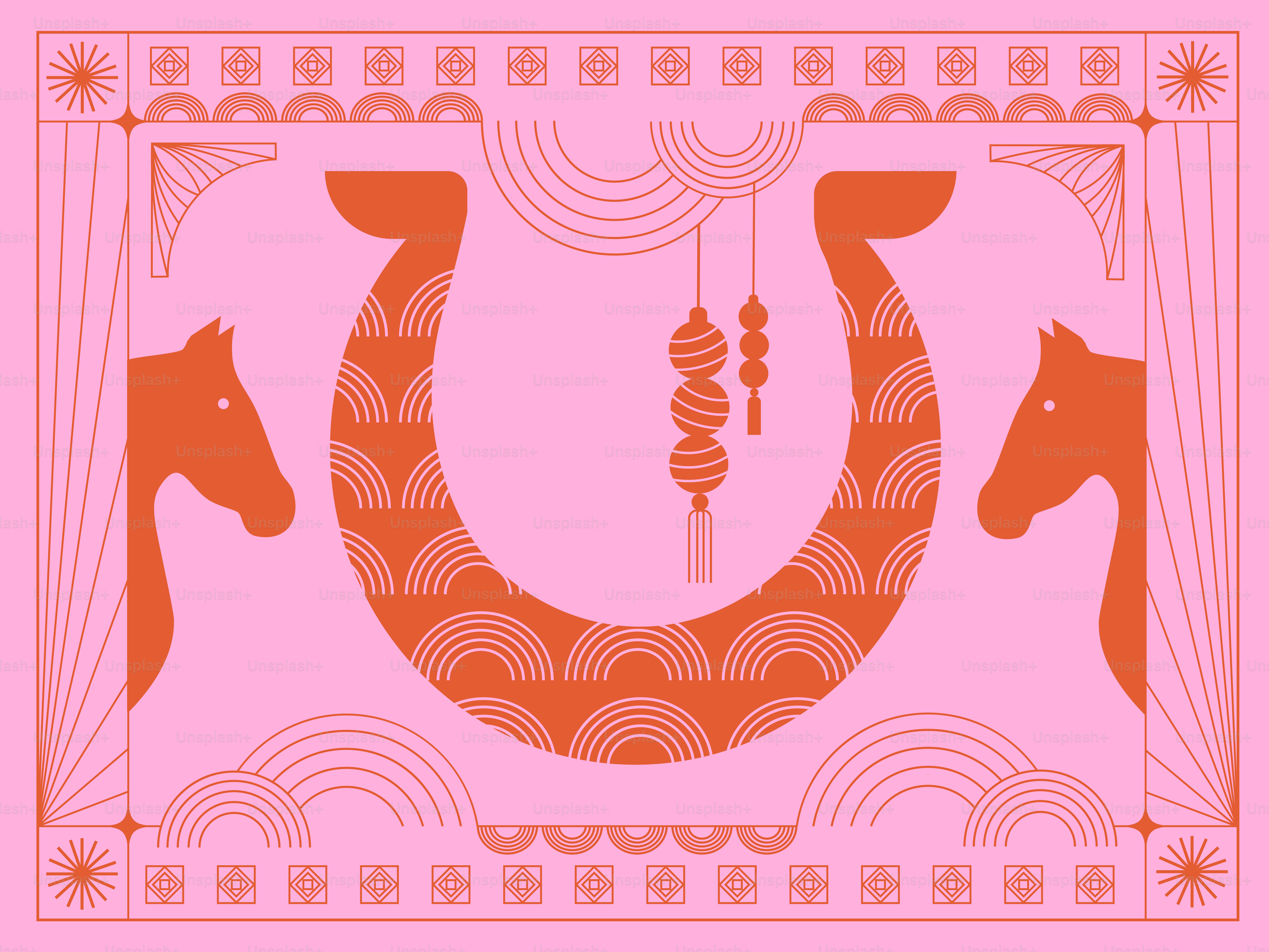 Pink background with orange horseshoe and horse heads