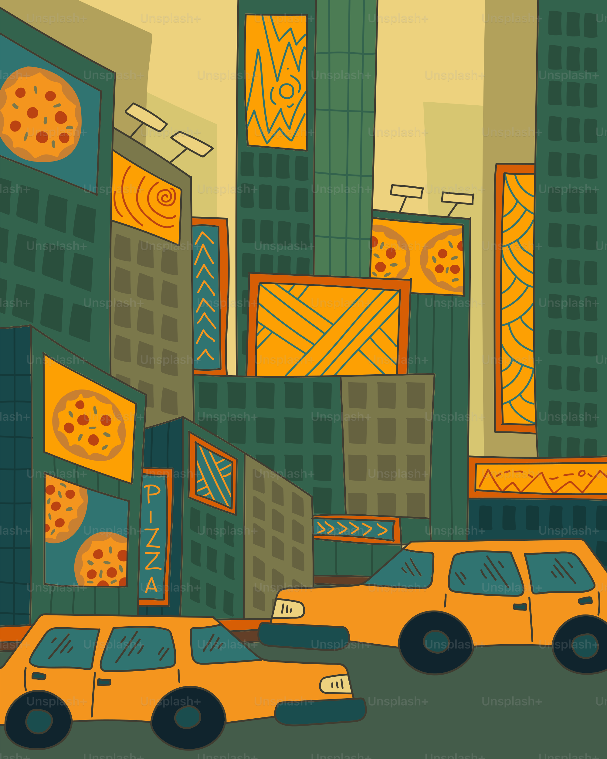 Taxis amarillos atraviesan una ciudad estilizada con anuncios de pizza.