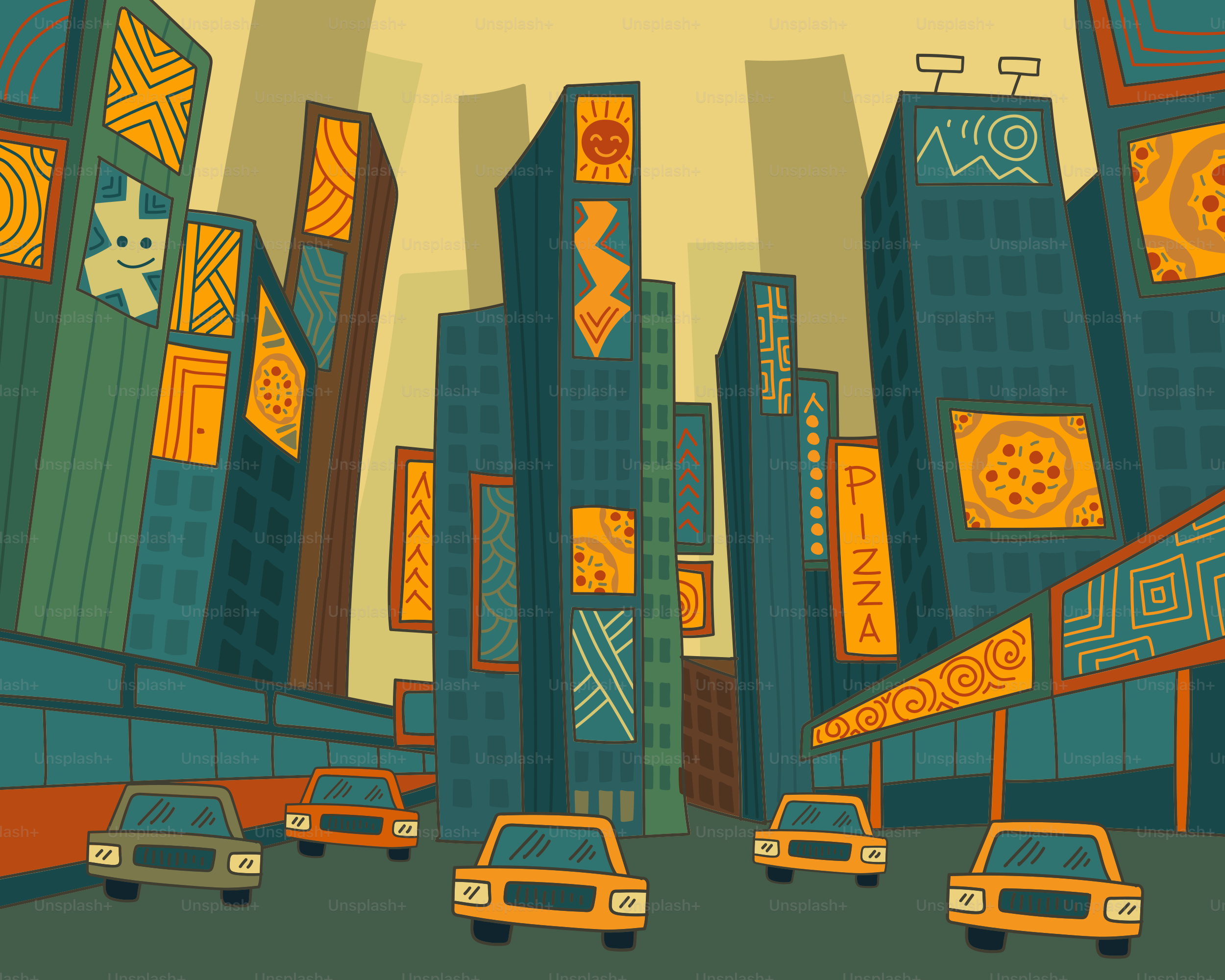 Paisaje urbano estilizado con edificios altos y coches.