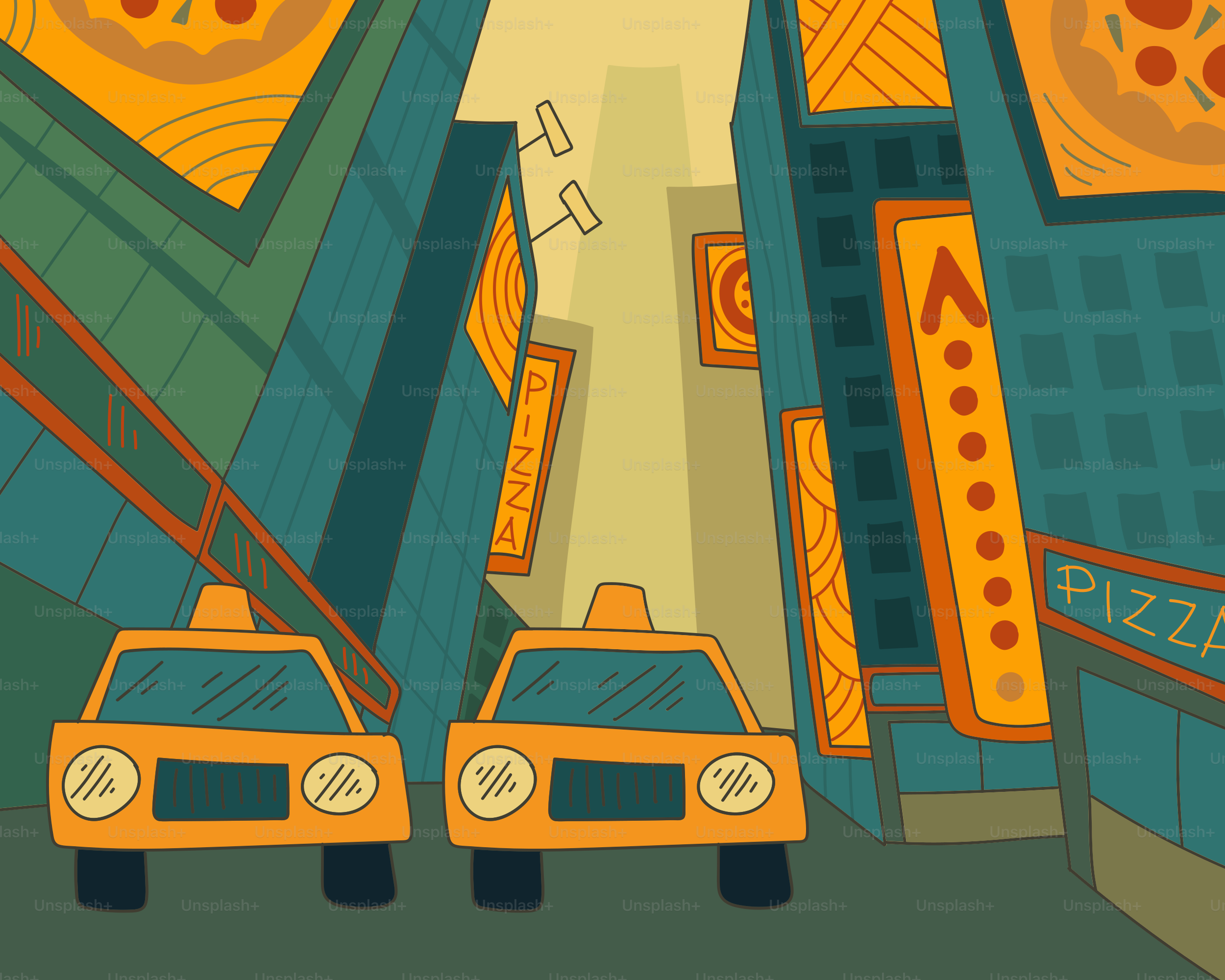 Dos taxis amarillos circulan por una calle de la ciudad.