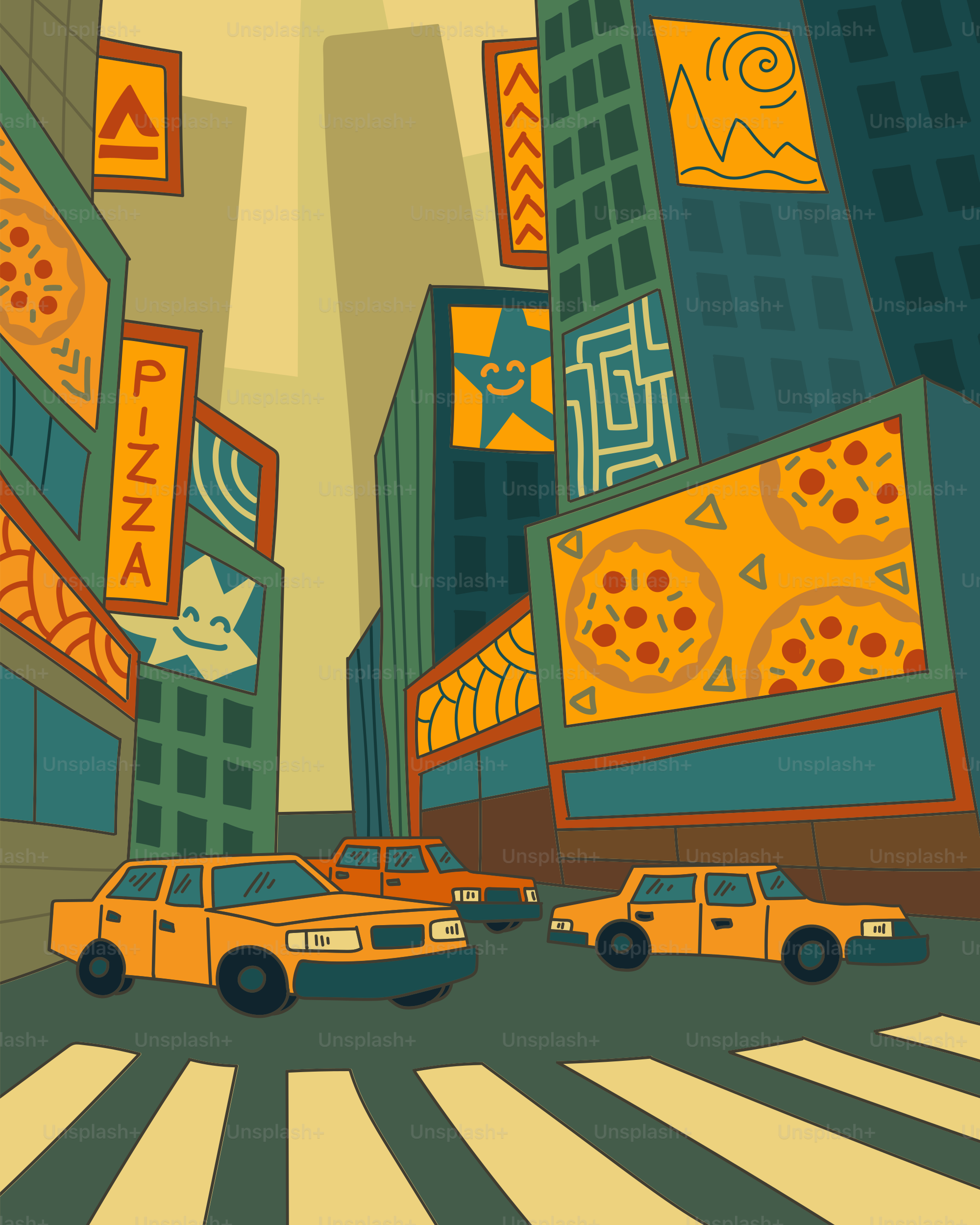 Taxis amarillos circulan por una calle de la ciudad por la noche.