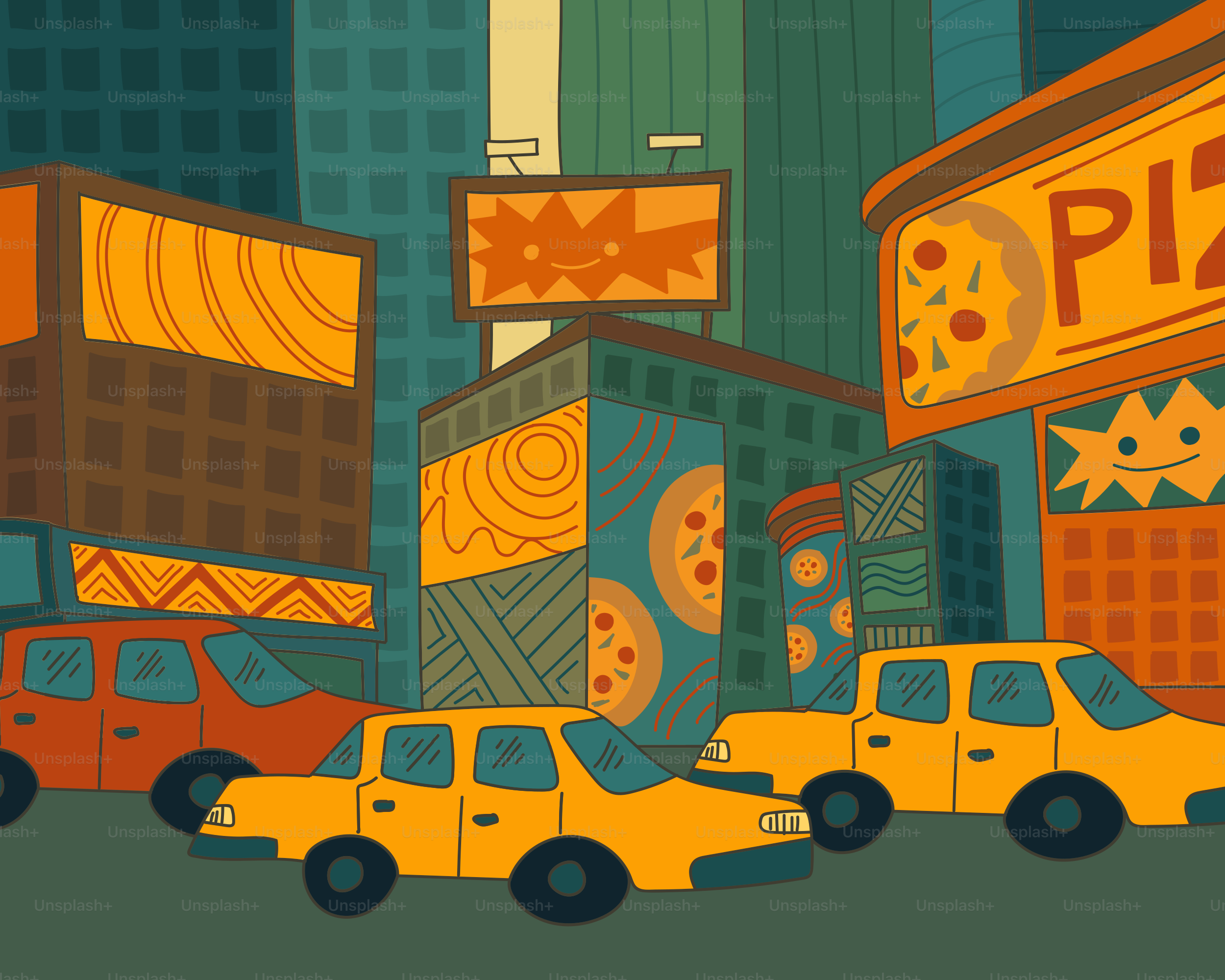 Taxis amarillos y vallas publicitarias en una ciudad por la noche.