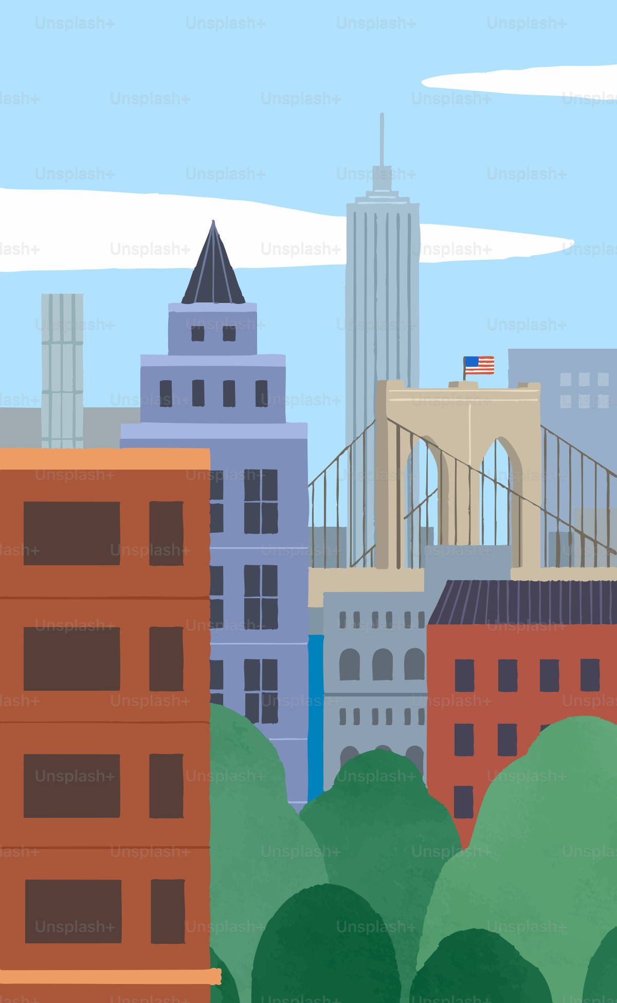 Paisagem urbana estilizada com ponte e arranha-céus sob o céu