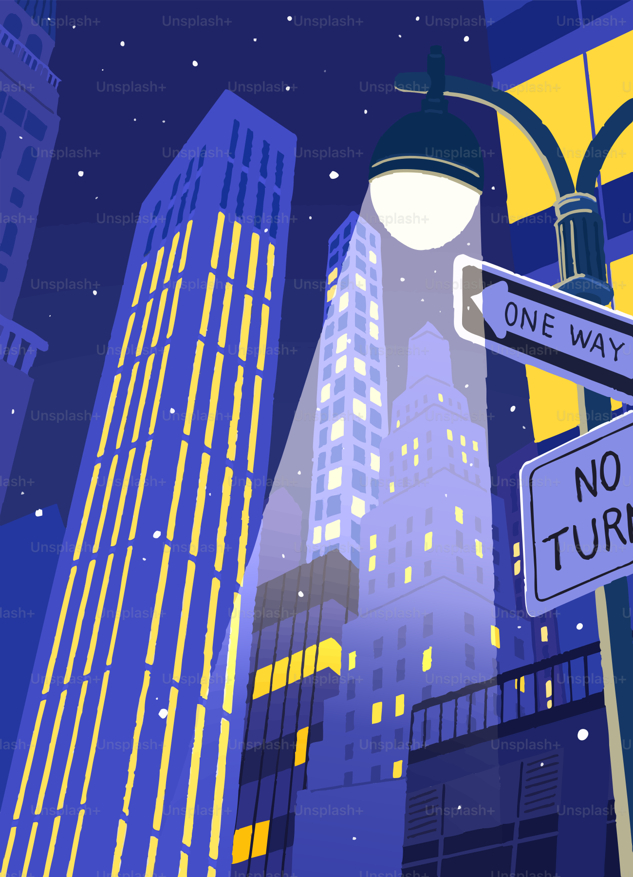 Rascacielos iluminados por la noche con farolas y carteles.