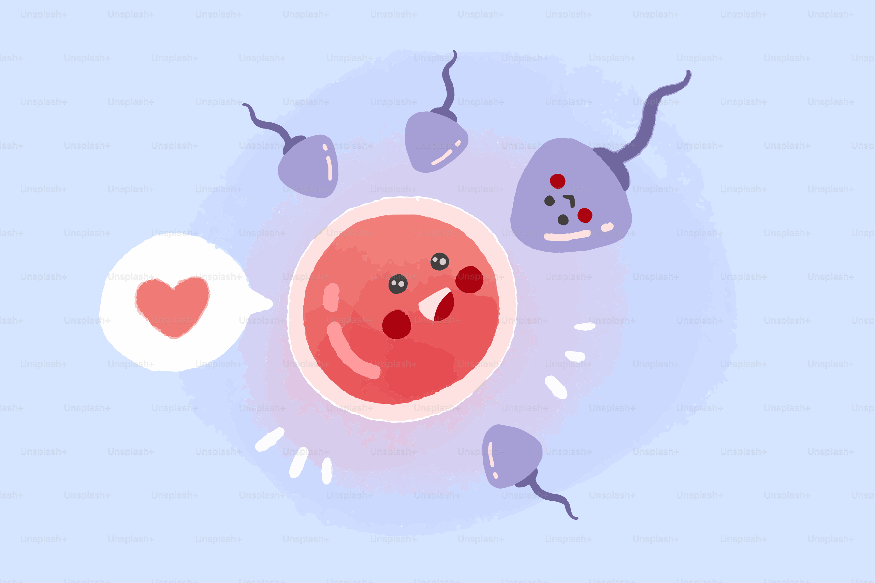 Sperm surrounding an egg with a heart symbol.