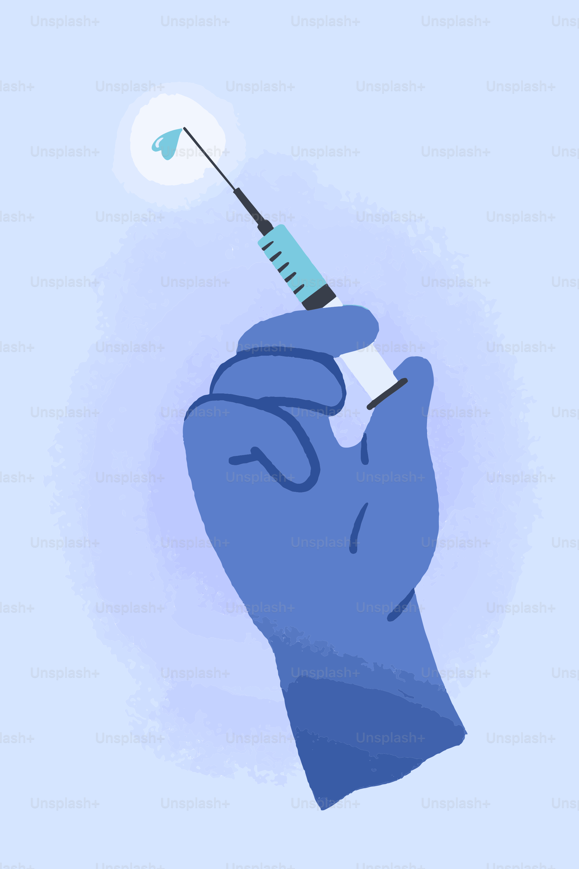 Gloved hand holding a syringe with blue liquid.