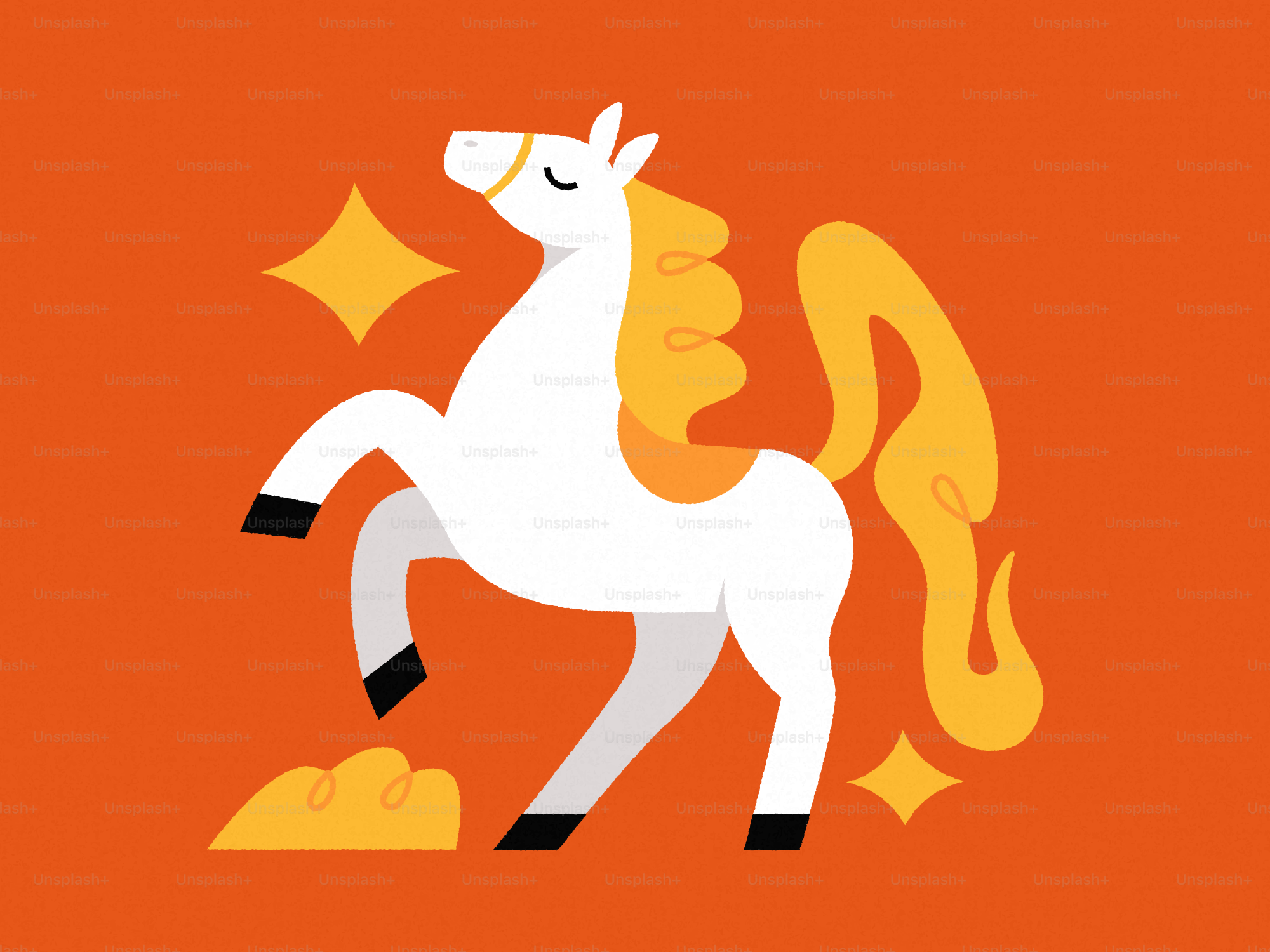 A white horse with an orange background.