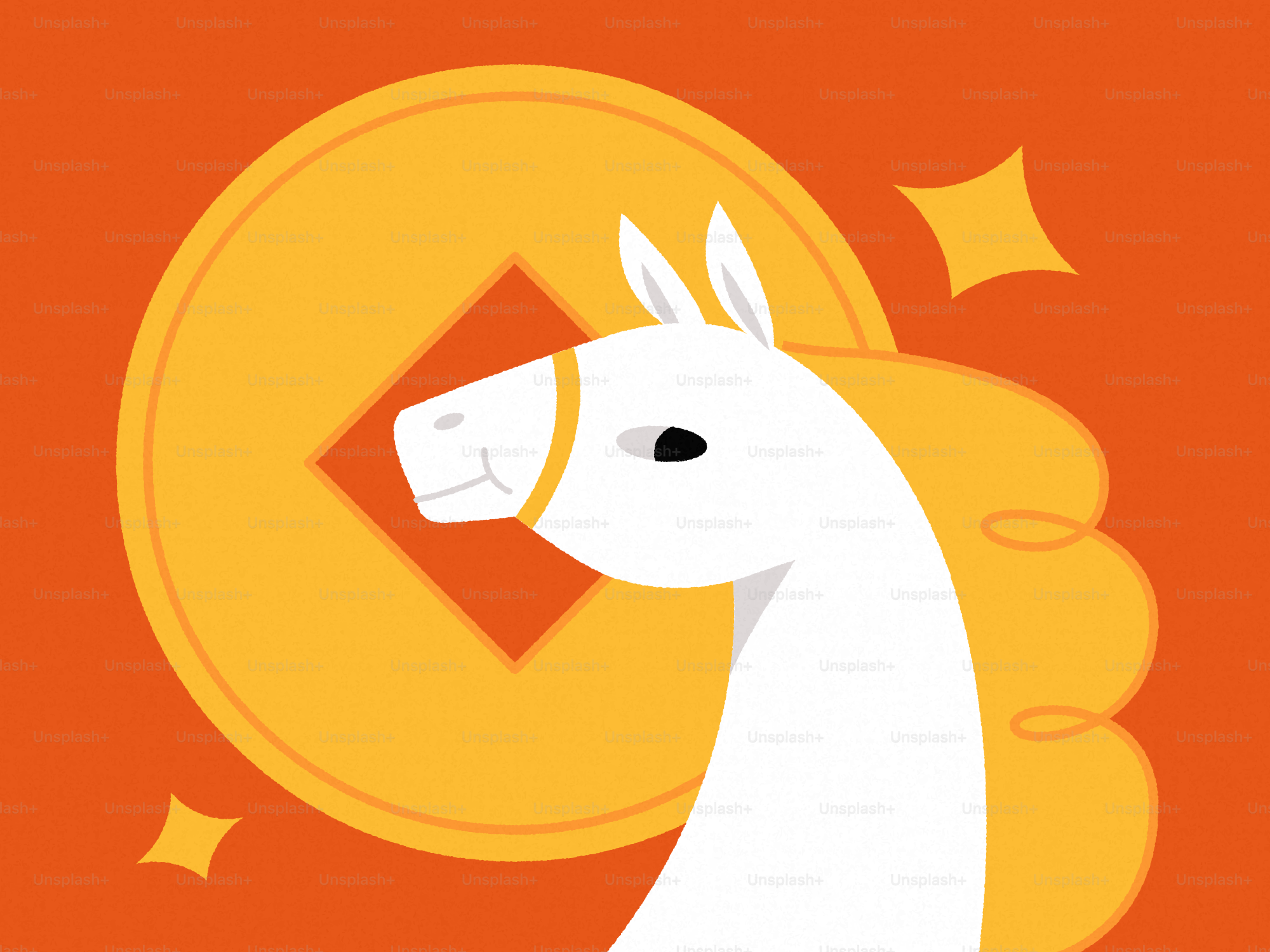 White horse with golden coin on orange background