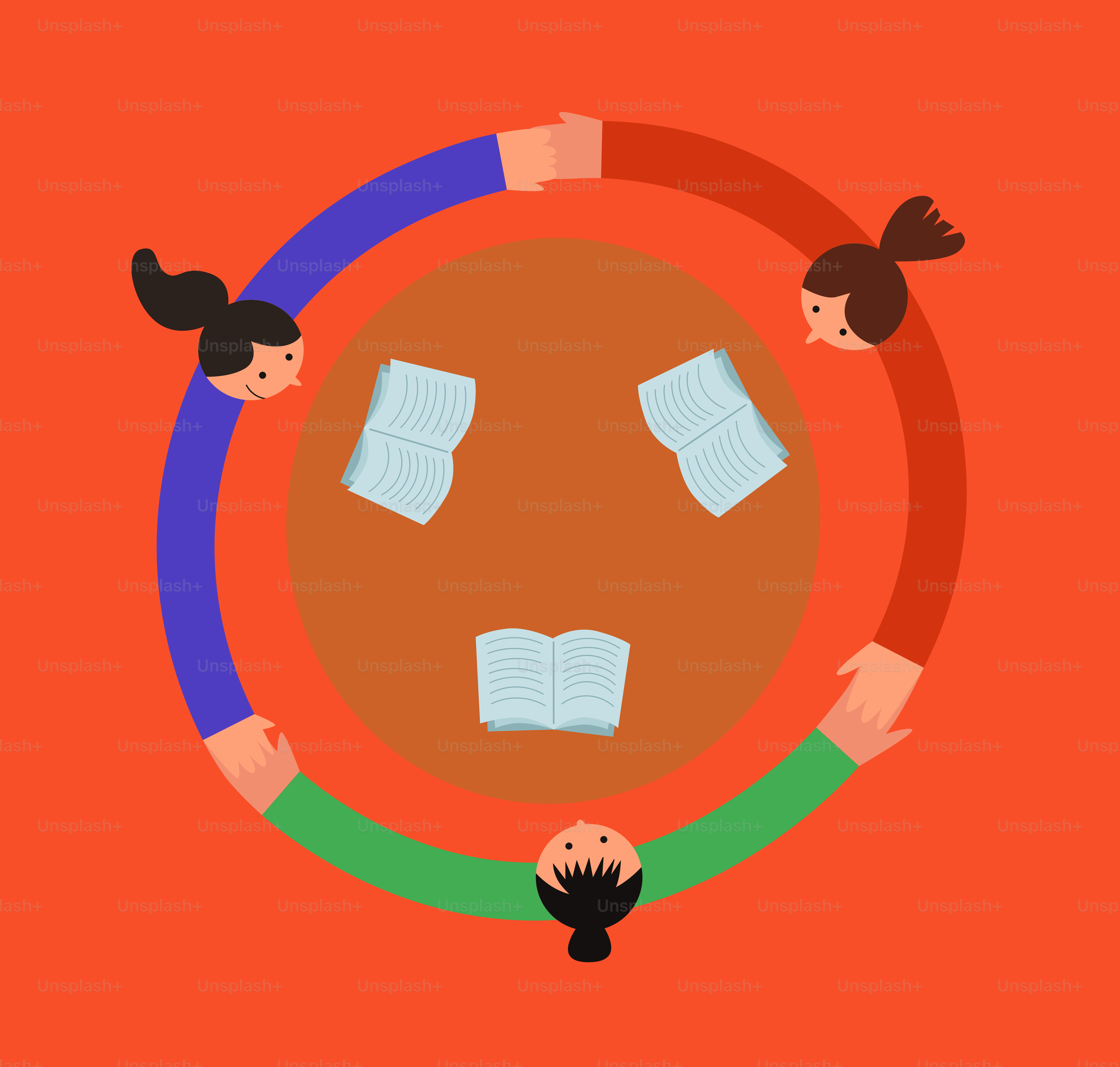 People in a circle holding hands around books.