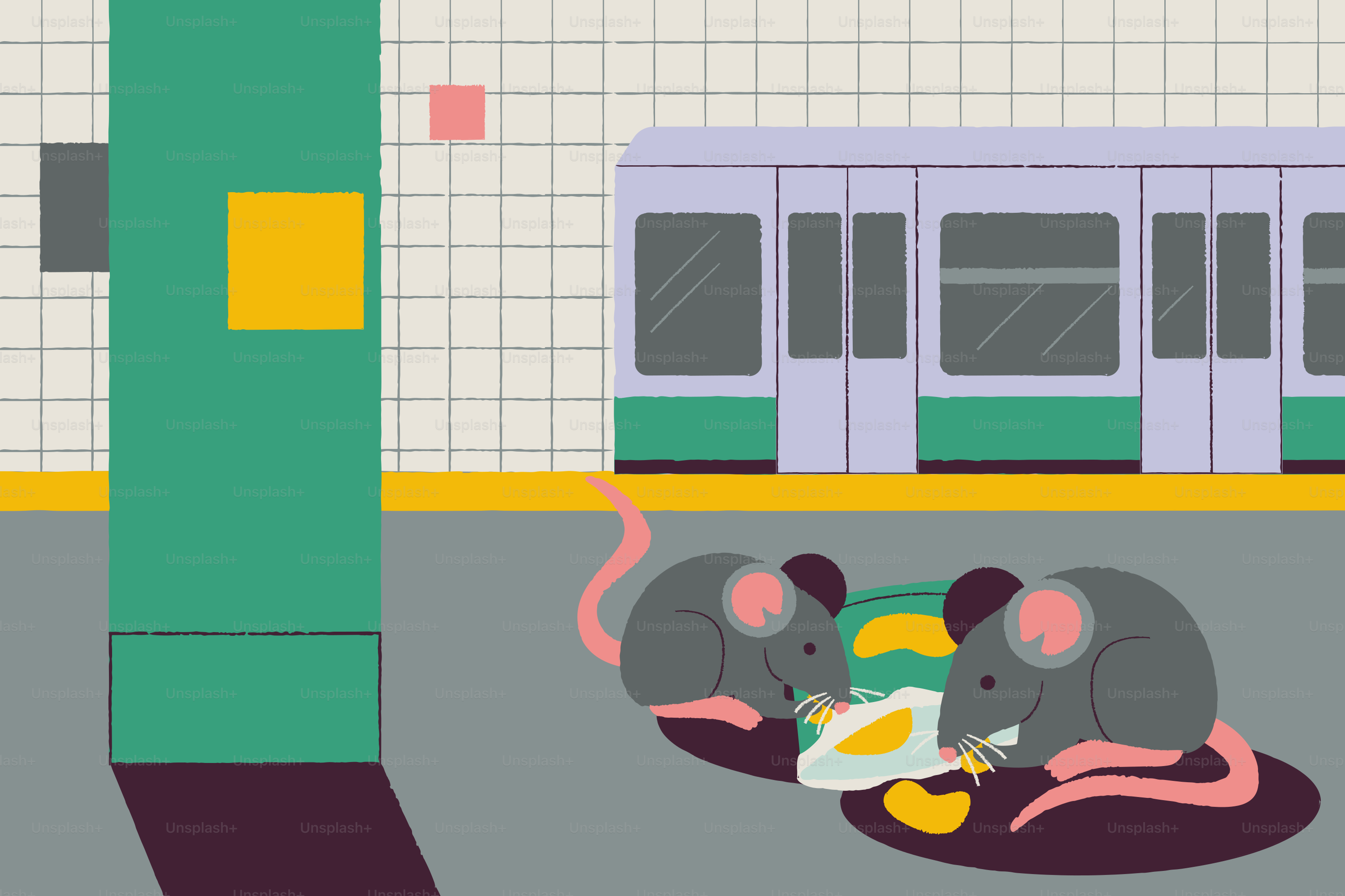 Two mice eating food on subway platform