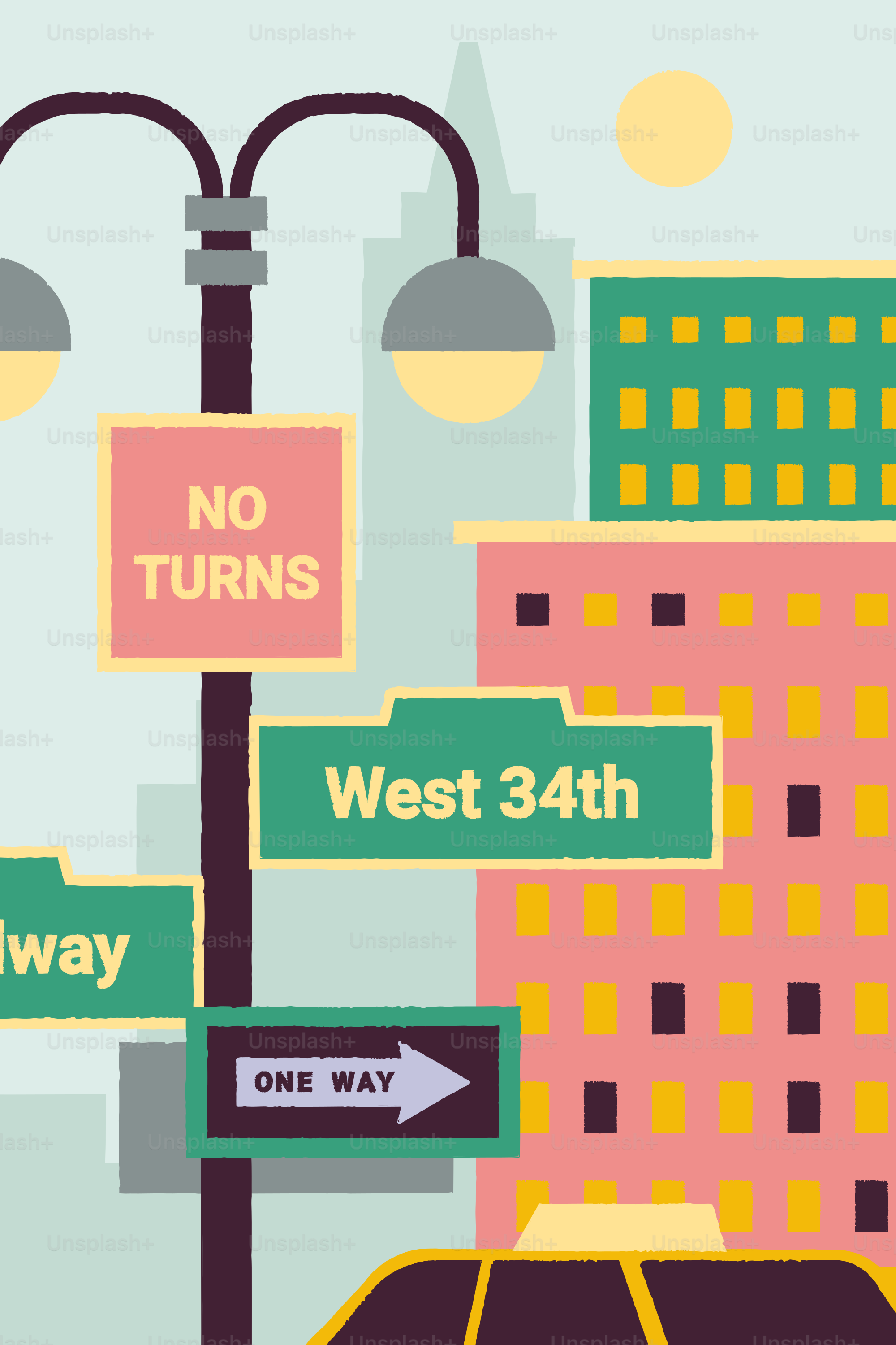 Street signs and buildings in a city.