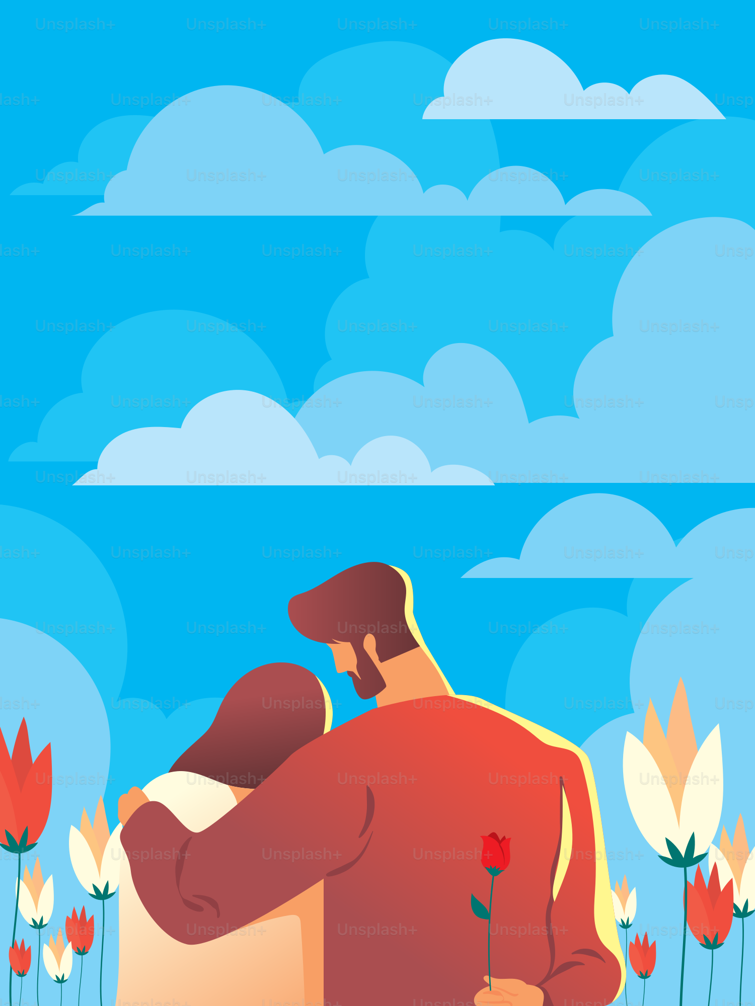 Couple embracing amidst blooming flowers under a cloudy sky